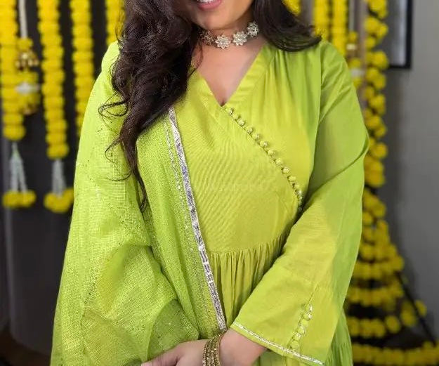 Neon green beautiful cotton Anarkali with gota and kota doria dupatta