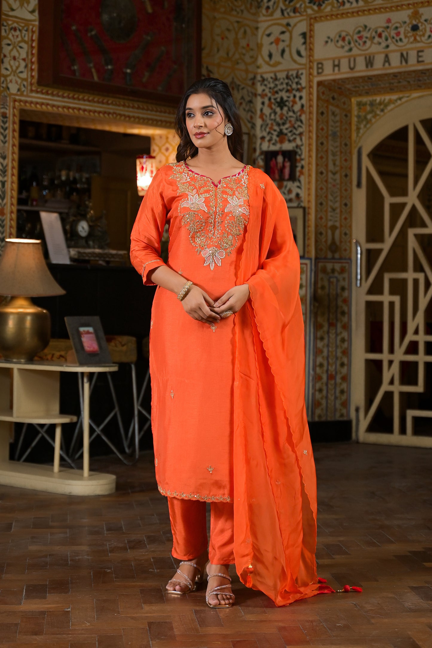 Orange silk hand work suit