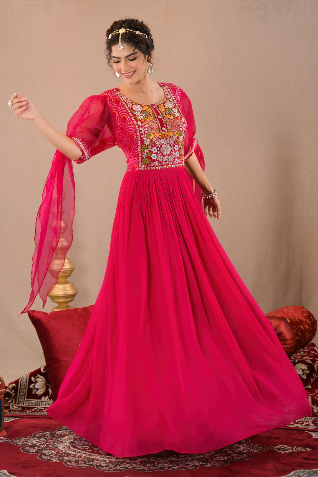 Hot Pink & yellow Bandhej Printed Georgette Silk Gown