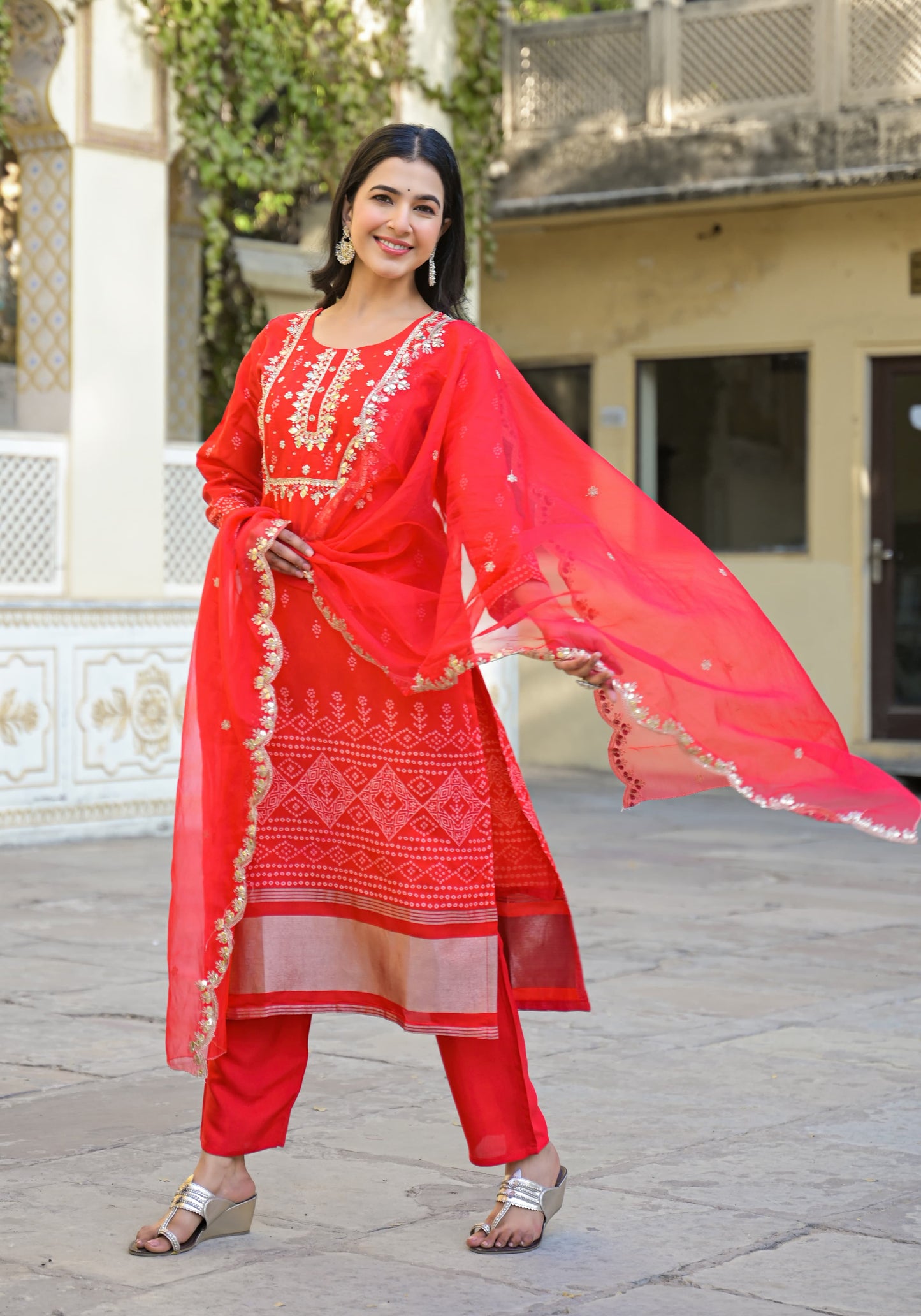 Classy red Bandhani silk suit