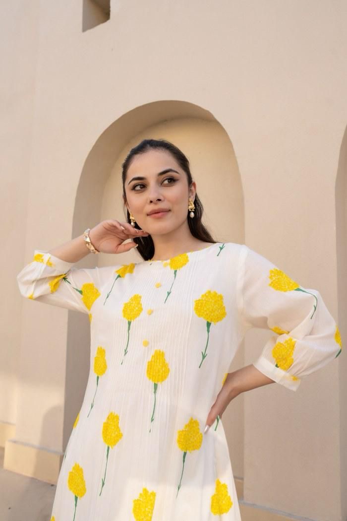 White with yellow flower cotton kurta pant