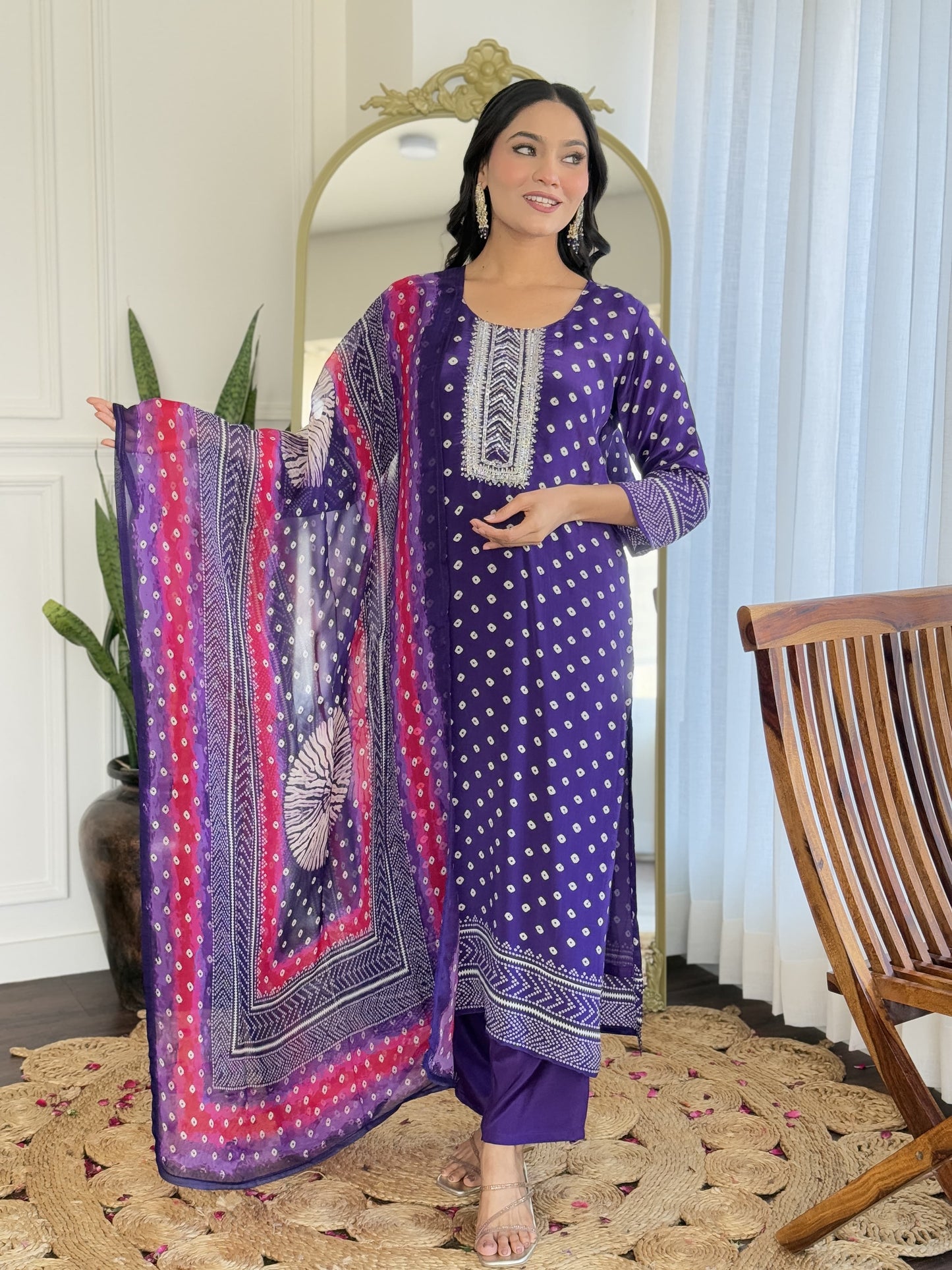 Puprle Bandhani crepe suit