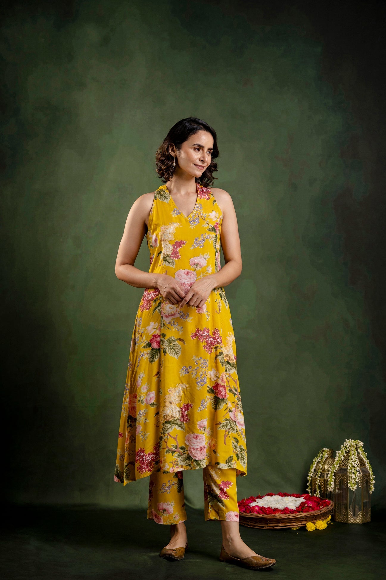 Mustard Printed Modal Embroidered Co-Ord Set