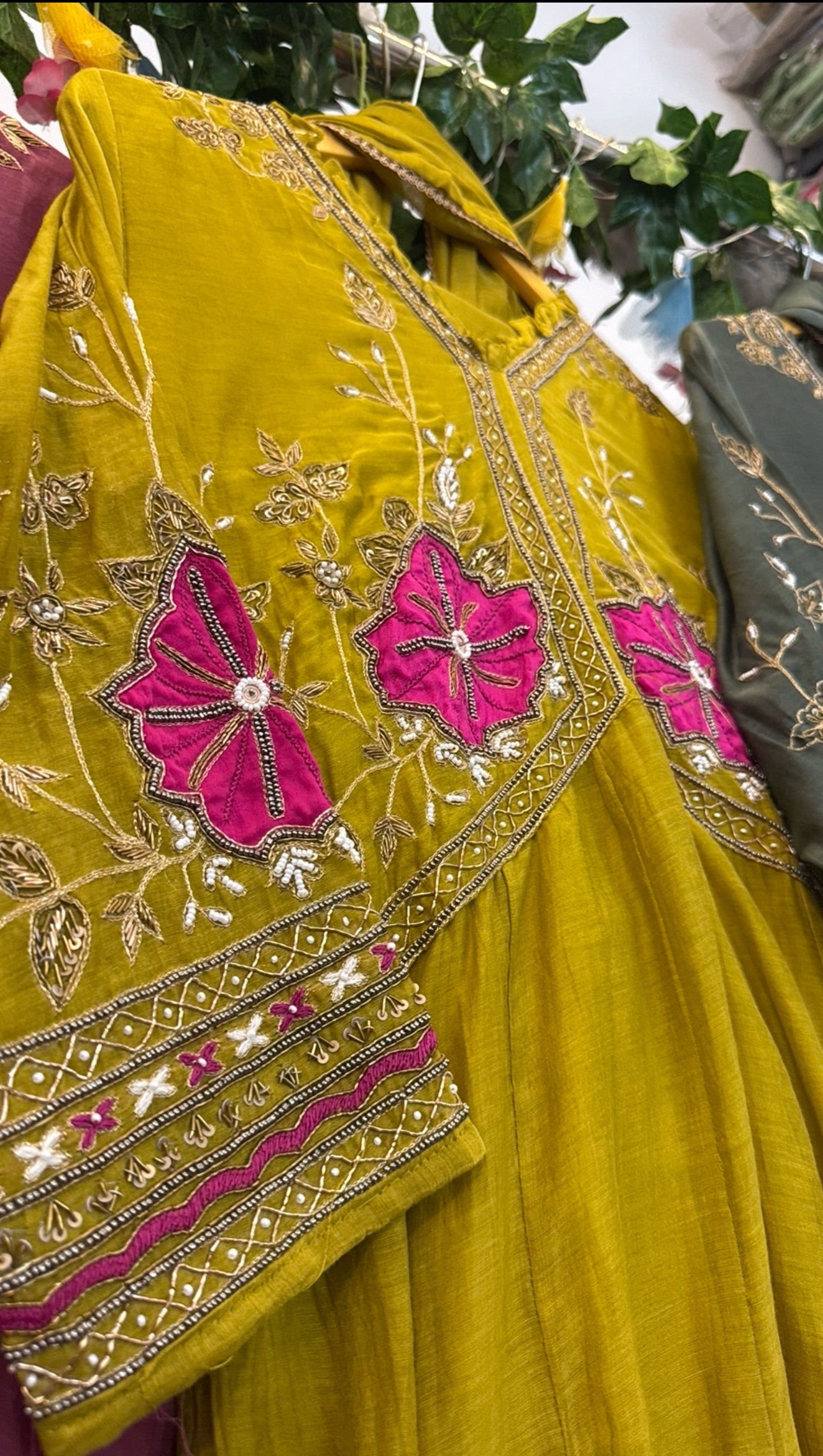 Designer neon pink appliqué mul chandari suit
