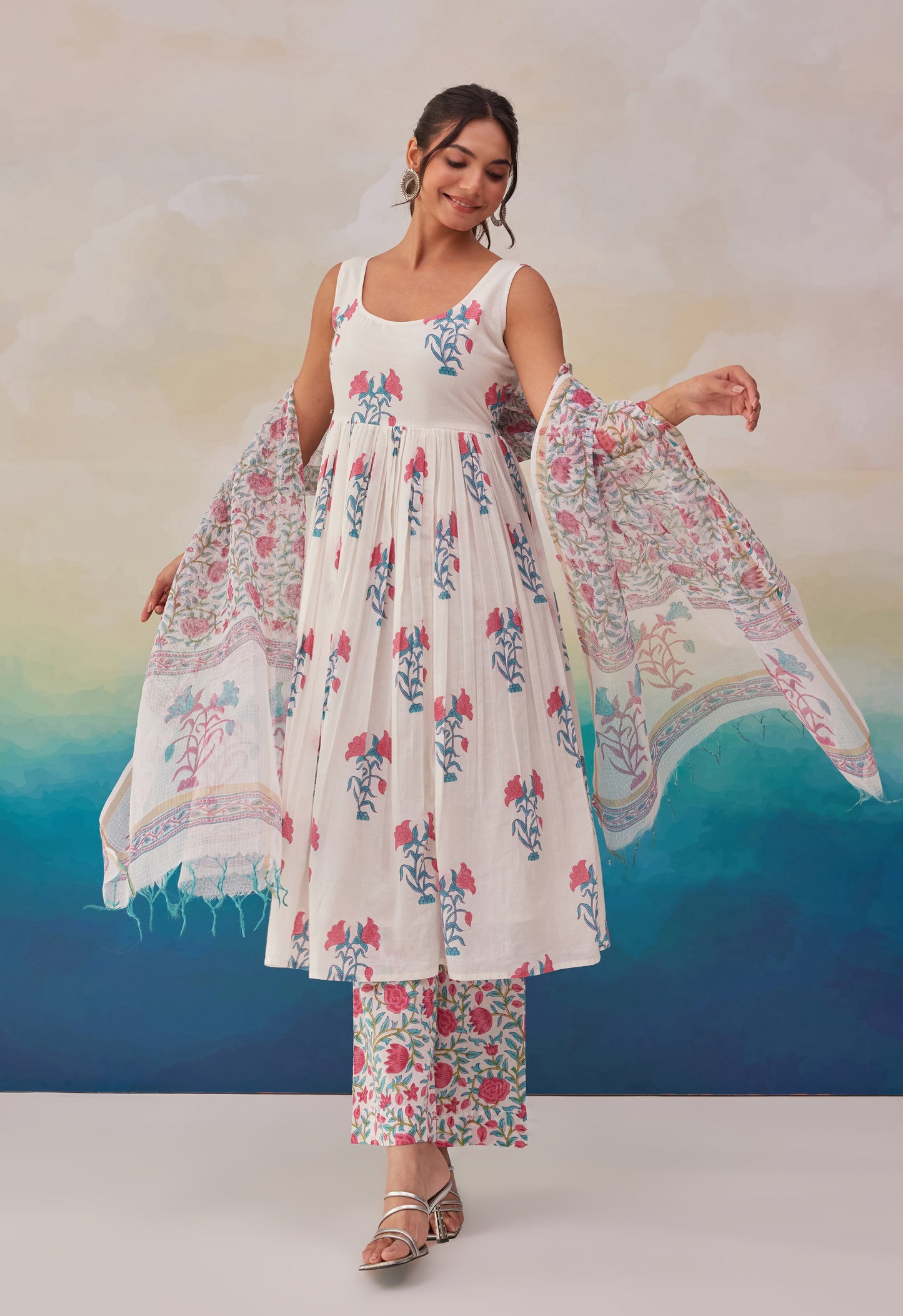 Hand block white pink/blue cotton suit
