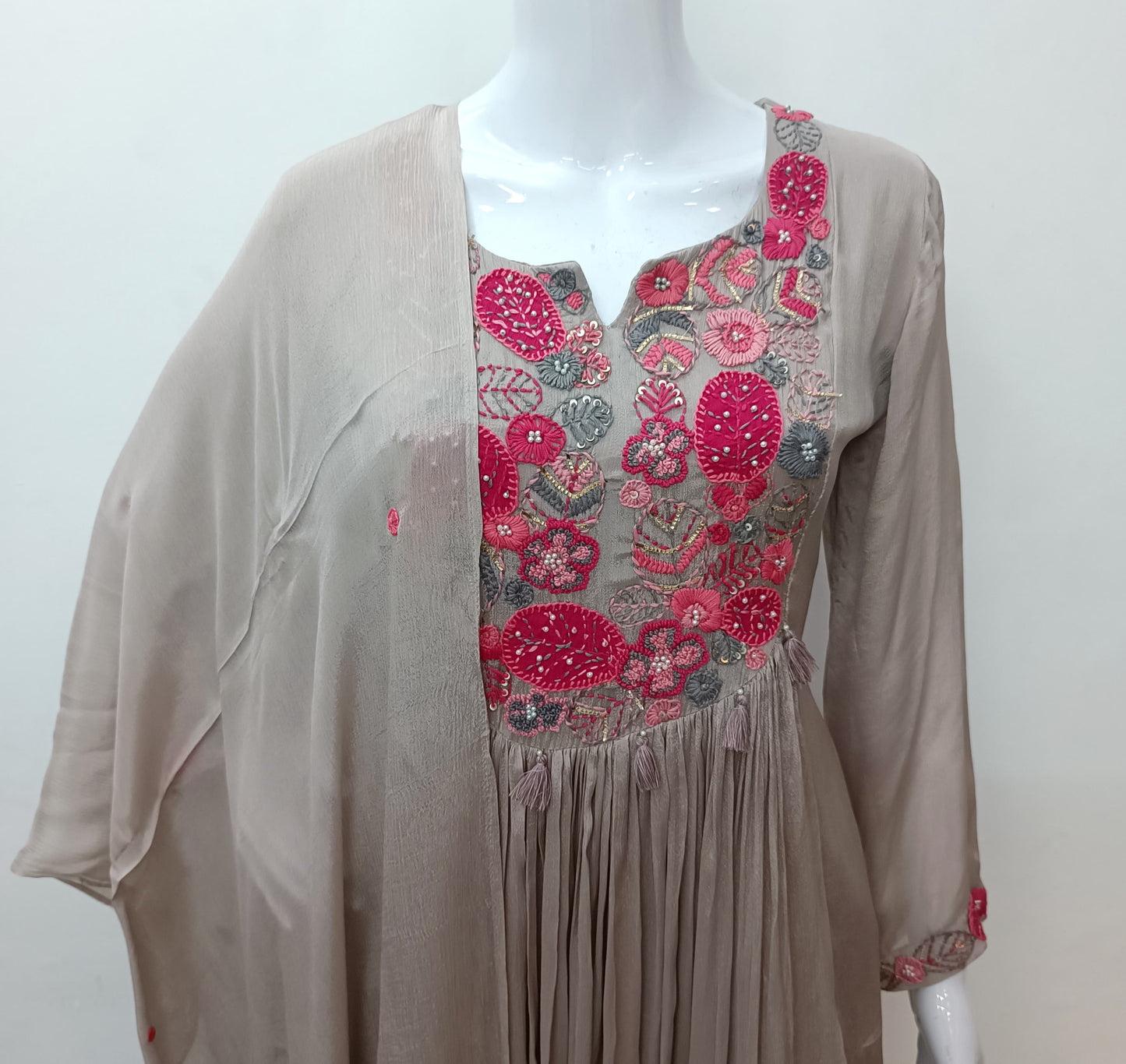 Grey pure chinon Aline suit with embroidery on yoke