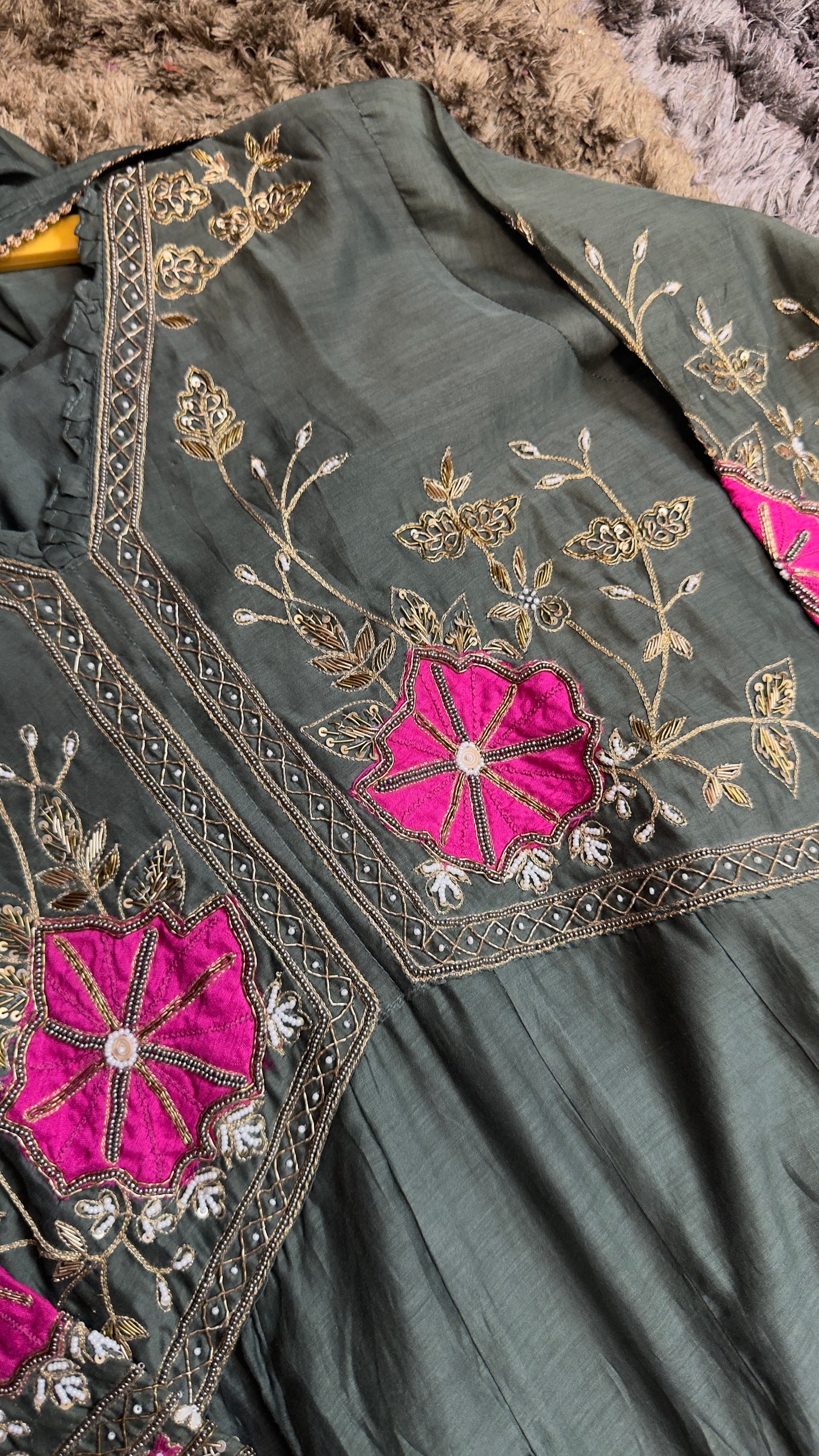 Designer neon pink appliqué mul chandari suit