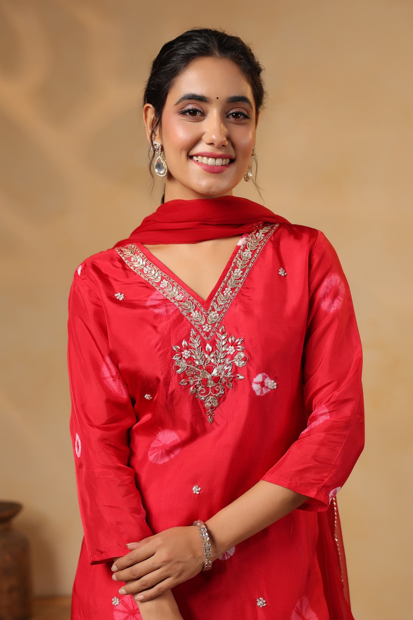 Red Bandhani silk suit