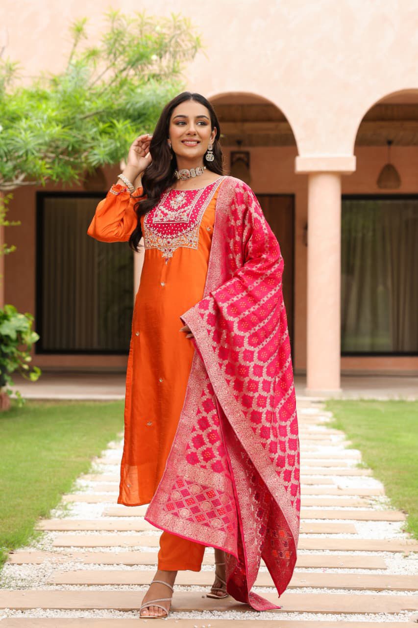 Orange silk suit with banaras Dupatta