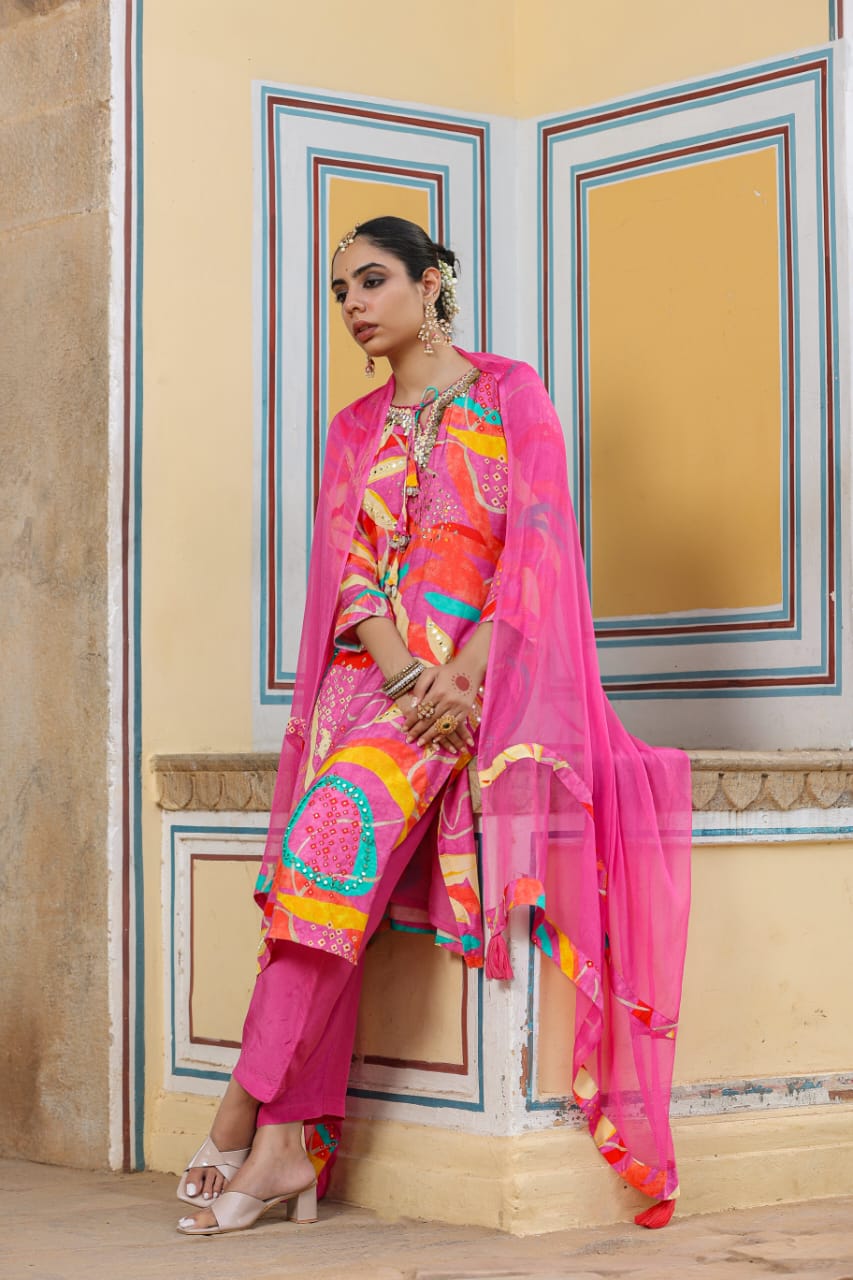 Blue and pink muslin silk