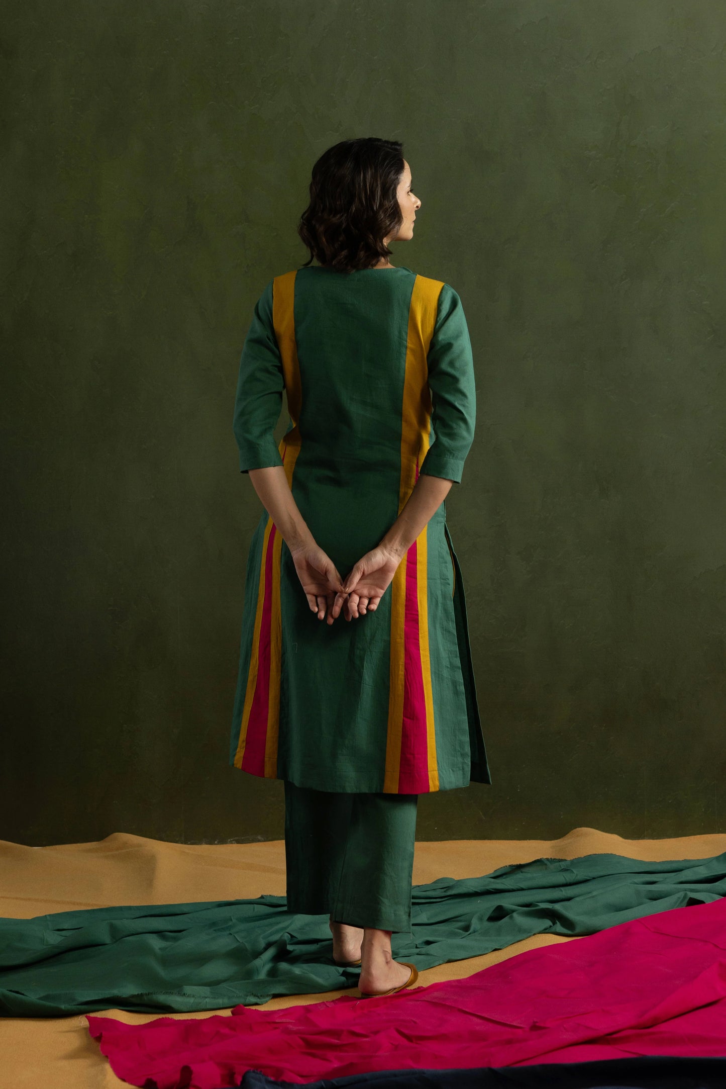 Bottle green Linen Kurta Pant Set in Colour Block