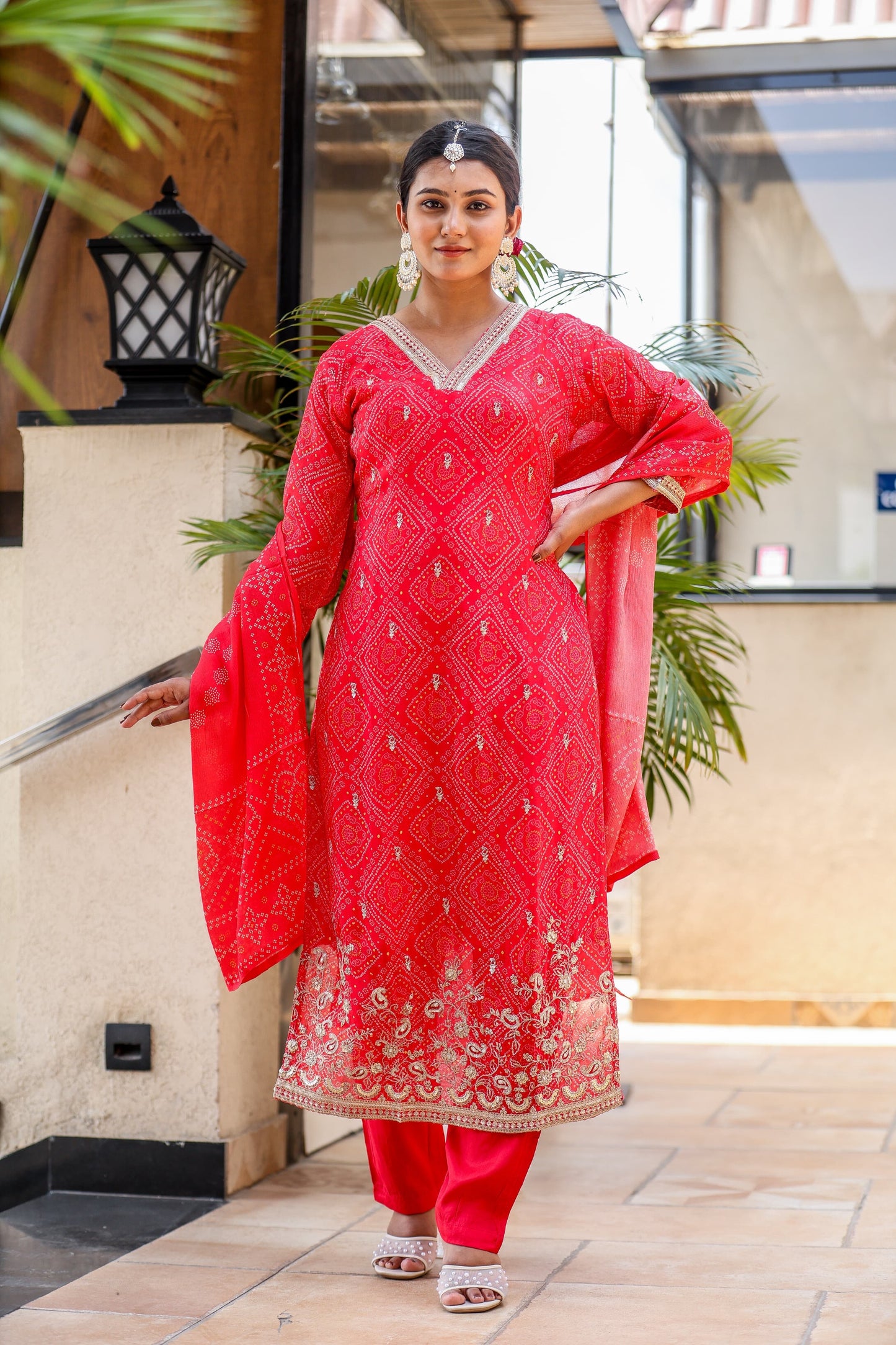 Bandhani red chinon suit