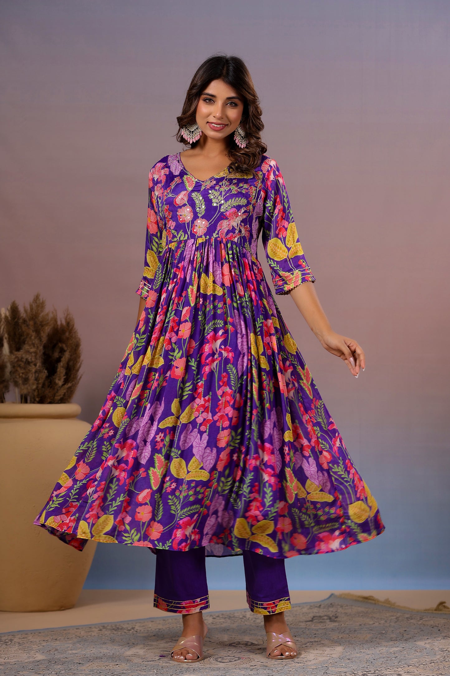Purple floral chinon kurta pant