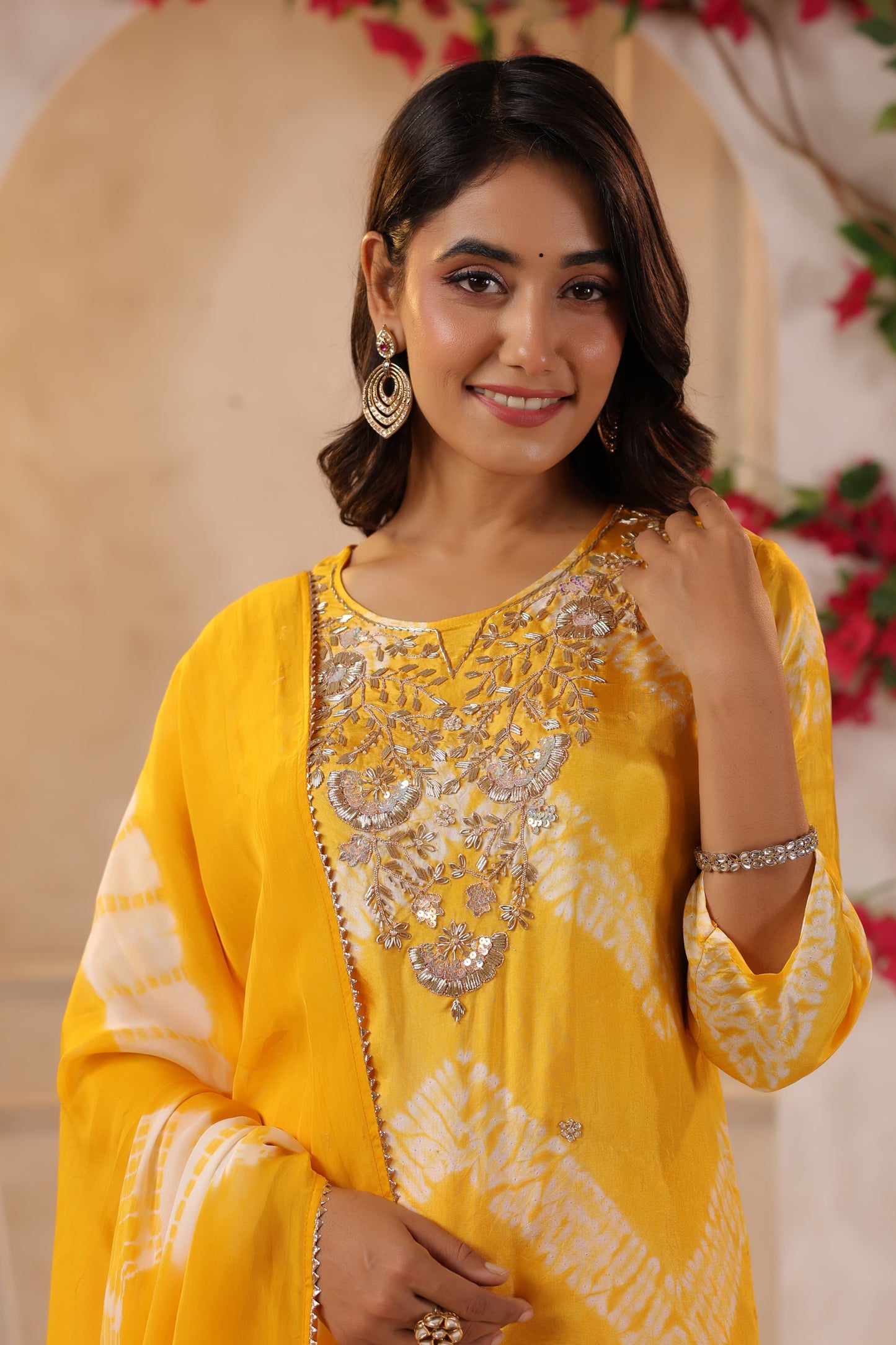 Yellow lehriya silk suit