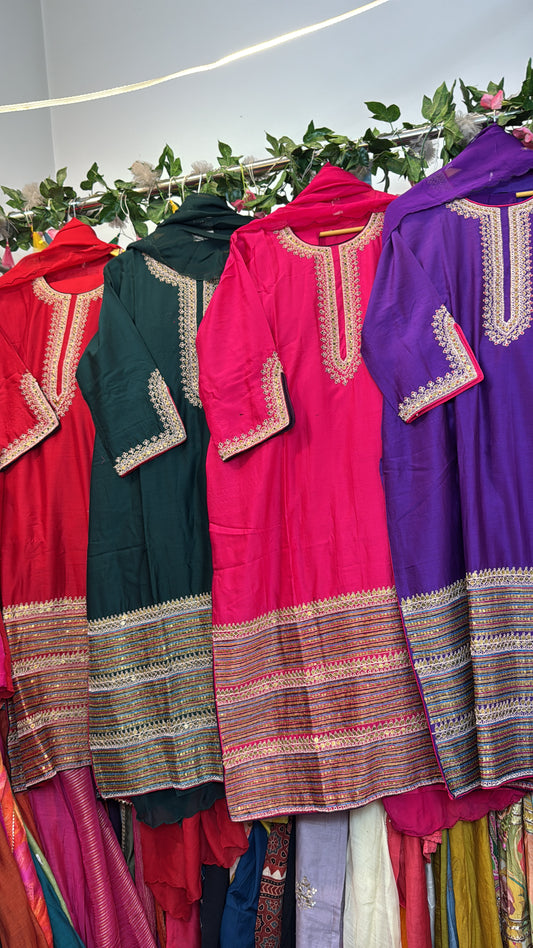 Silky heavy hand work hem suit