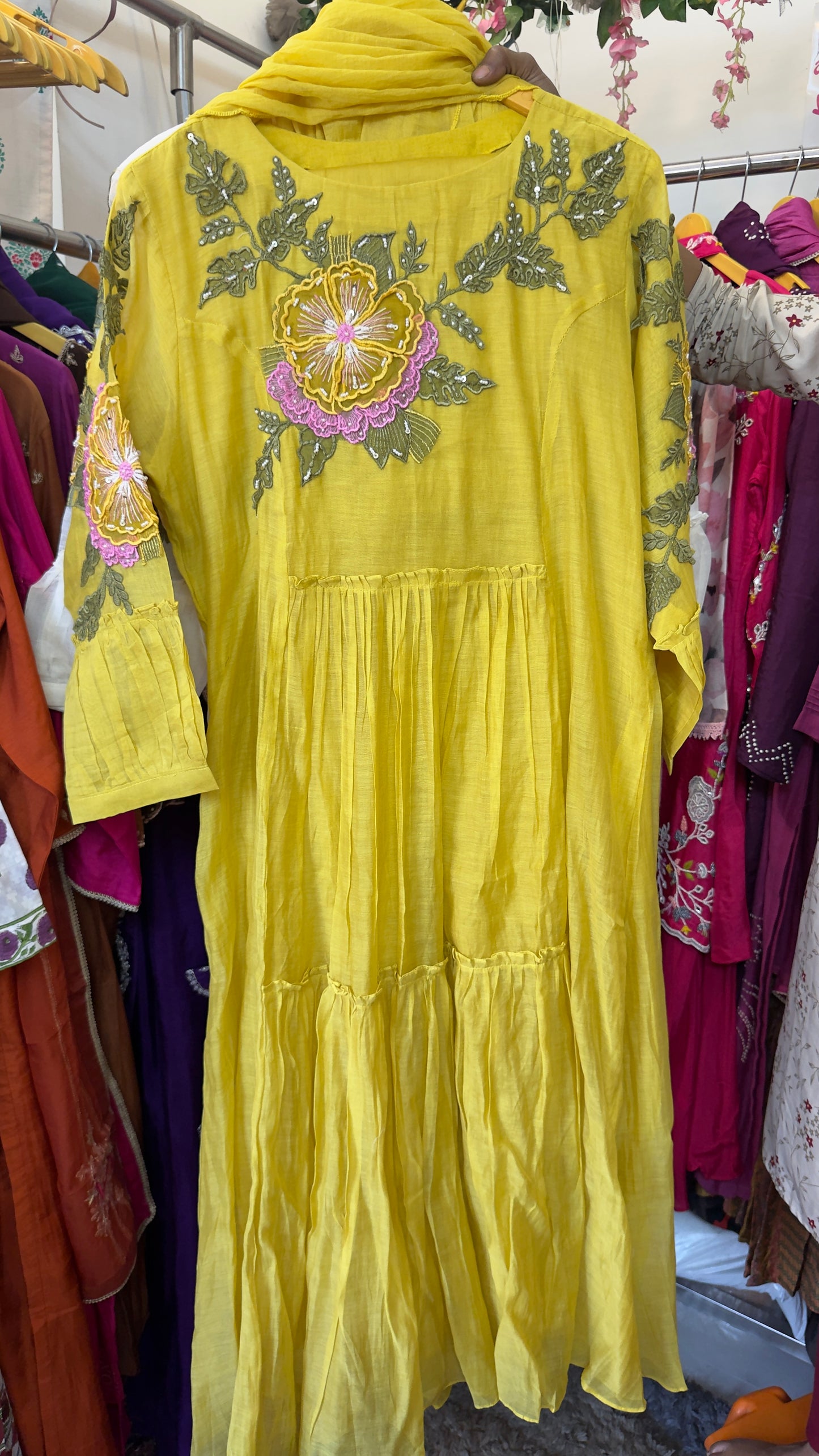 Summery mul chandari Anarkali with appliqué detailing in dup with cotton silk pants