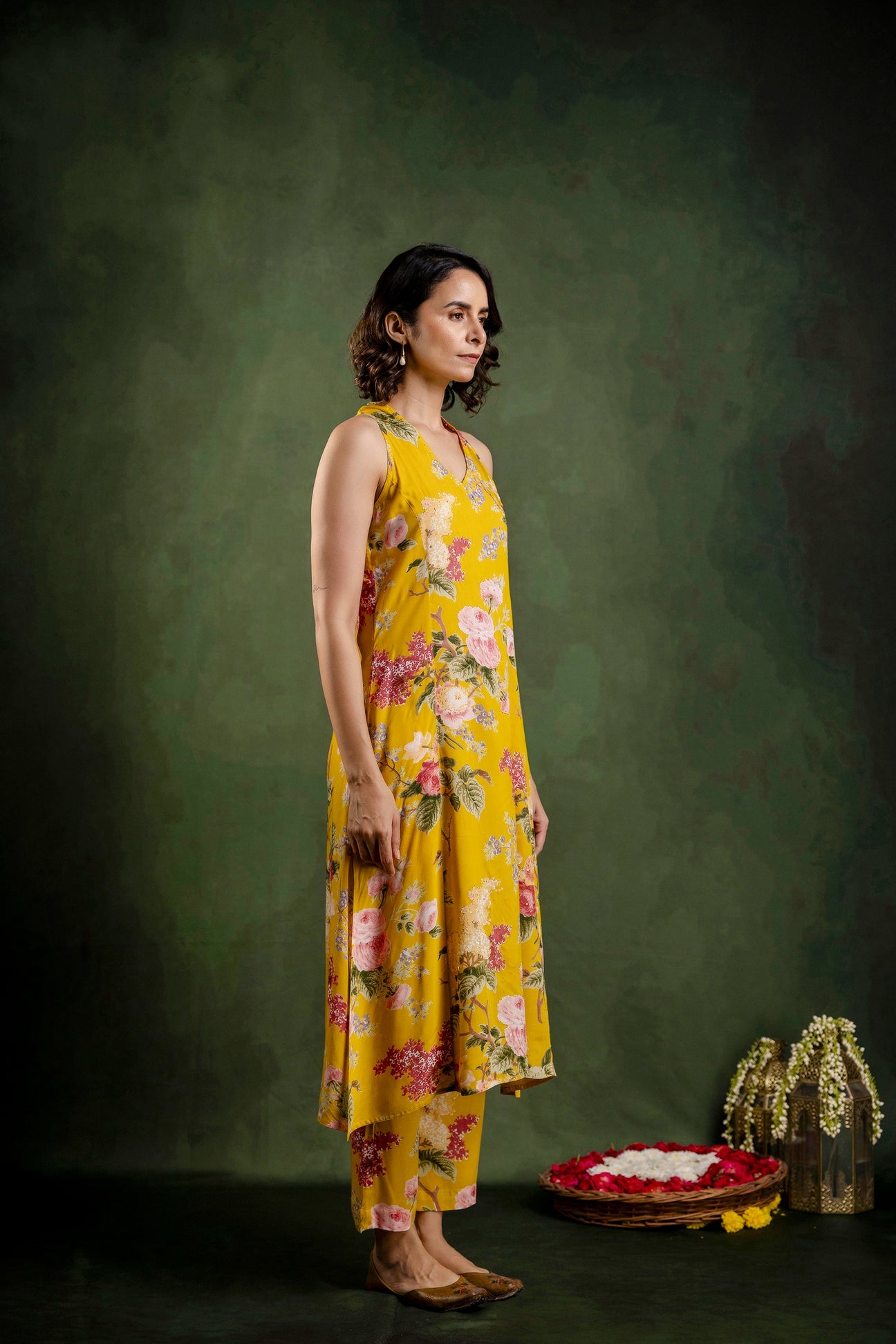 Mustard Printed Modal Embroidered Co-Ord Set