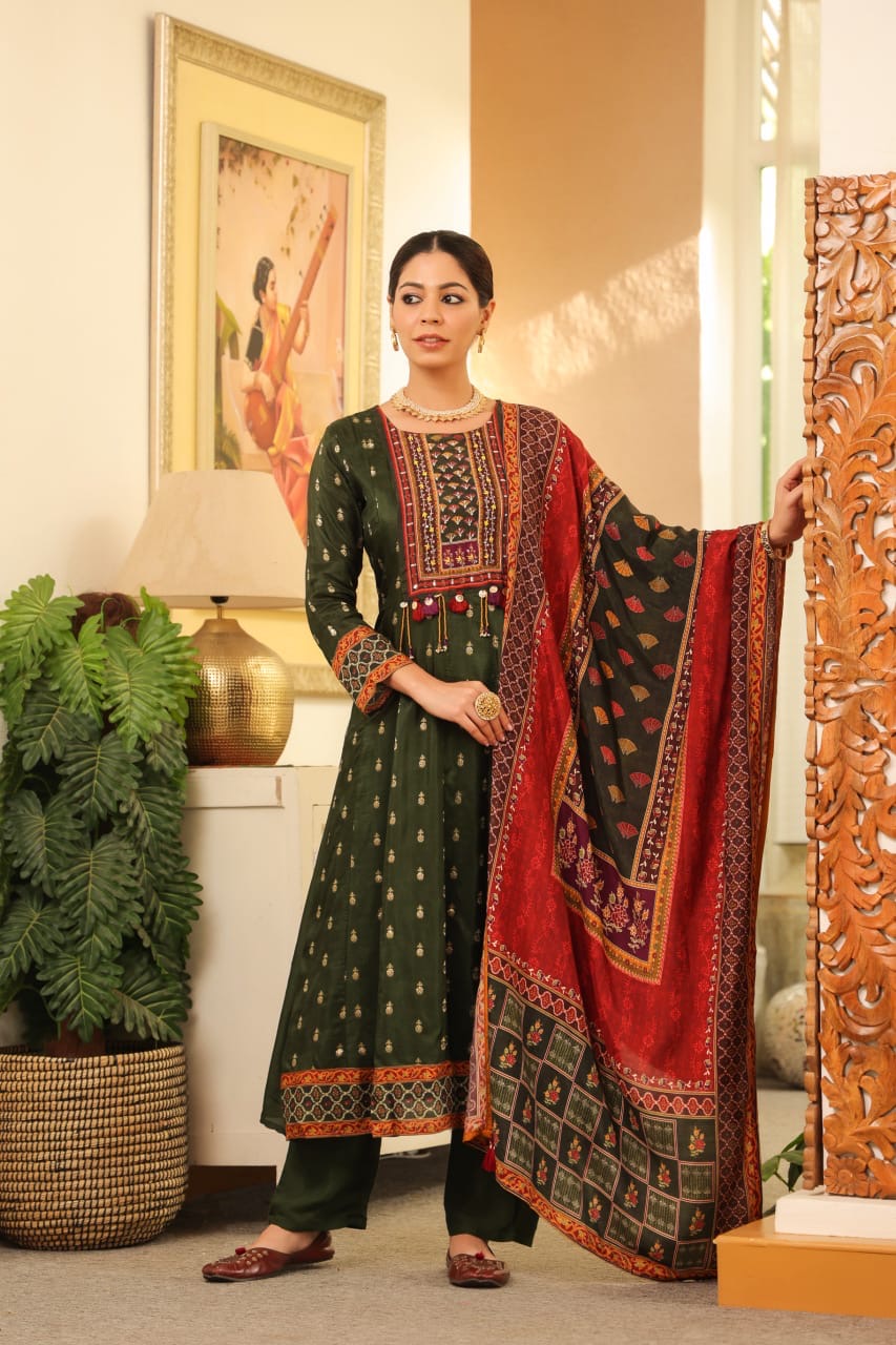 Beautiful mehendi green Boho Look Panel Anarkali Full Suit Set With Dupatta In Dola Silk Fabric