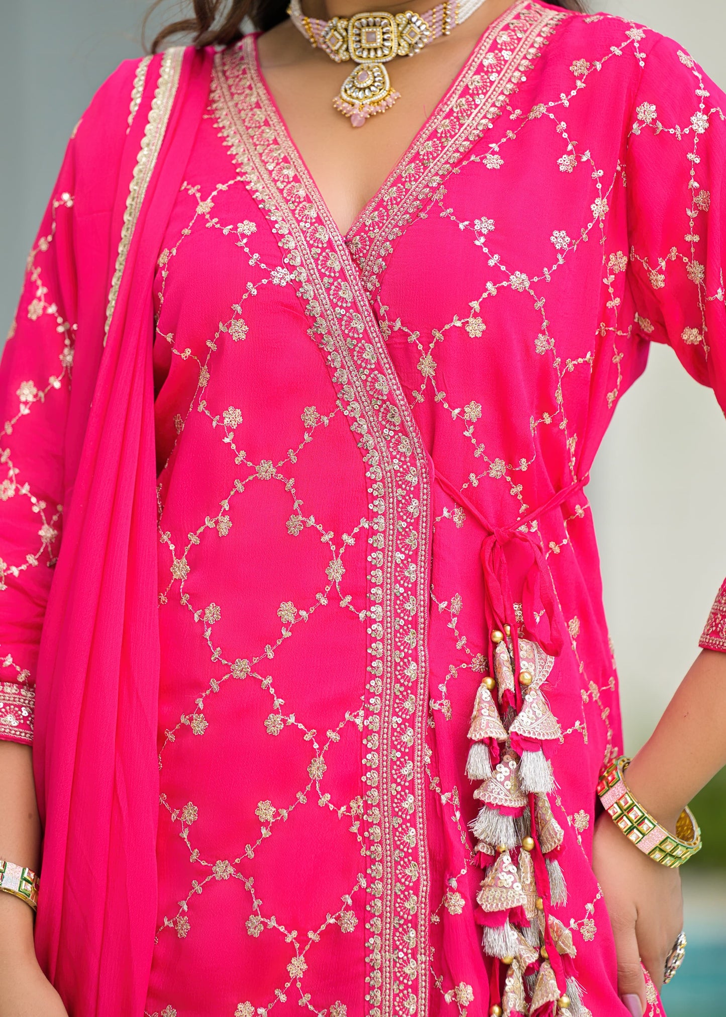 Pink chinon Short top with divider & duppata
