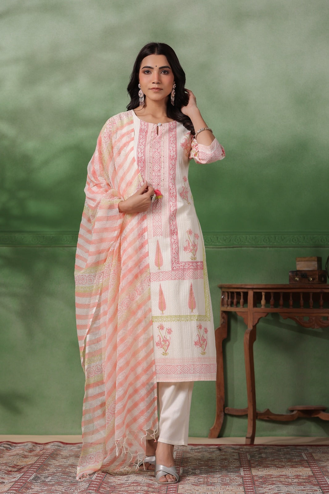 Floral premium lehriya off white suit