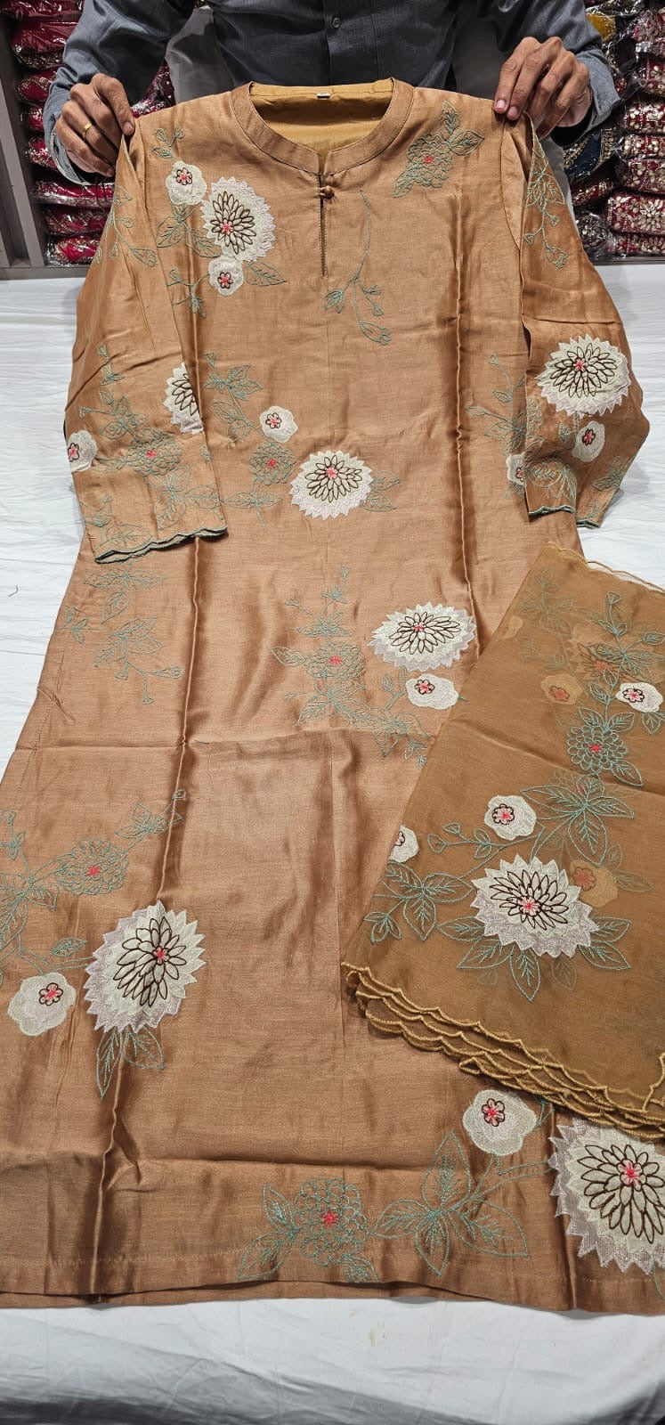 Appliqué embroidery mul chandari silk suit