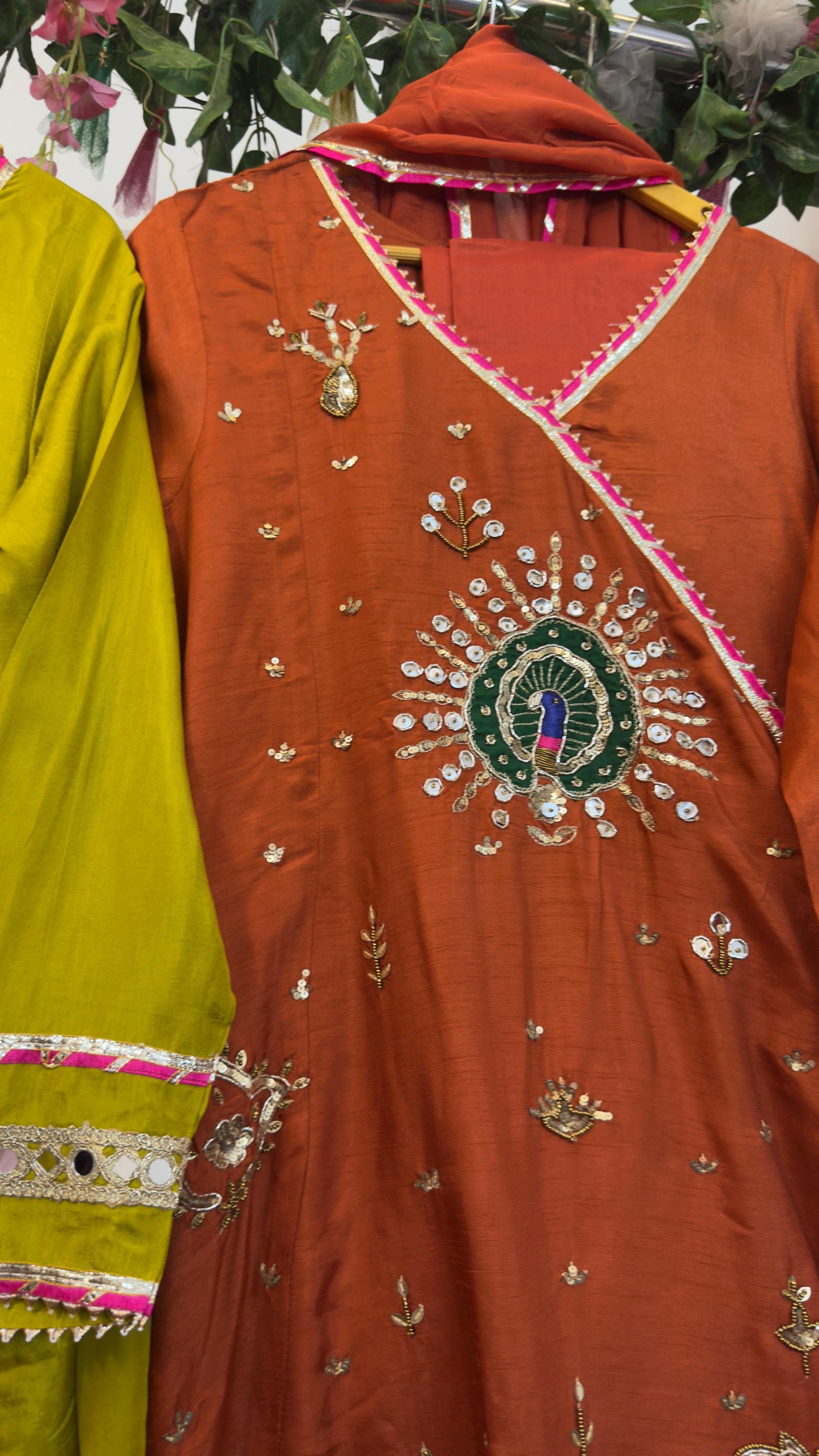 Silk angrakh peocoak anrakali with gota detailing paired with organza dup & silk pants