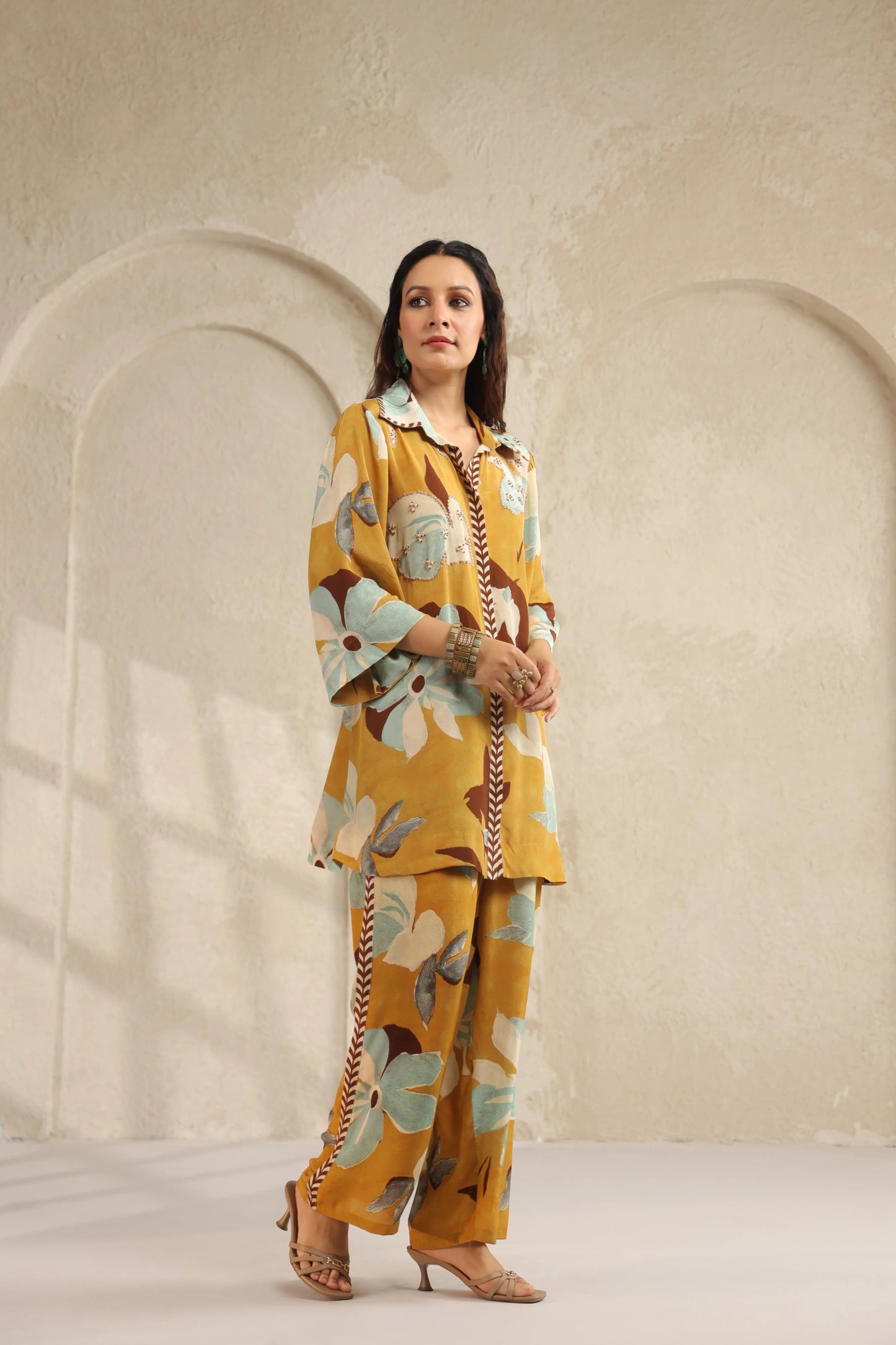 Crepe printed co ord set with handwork