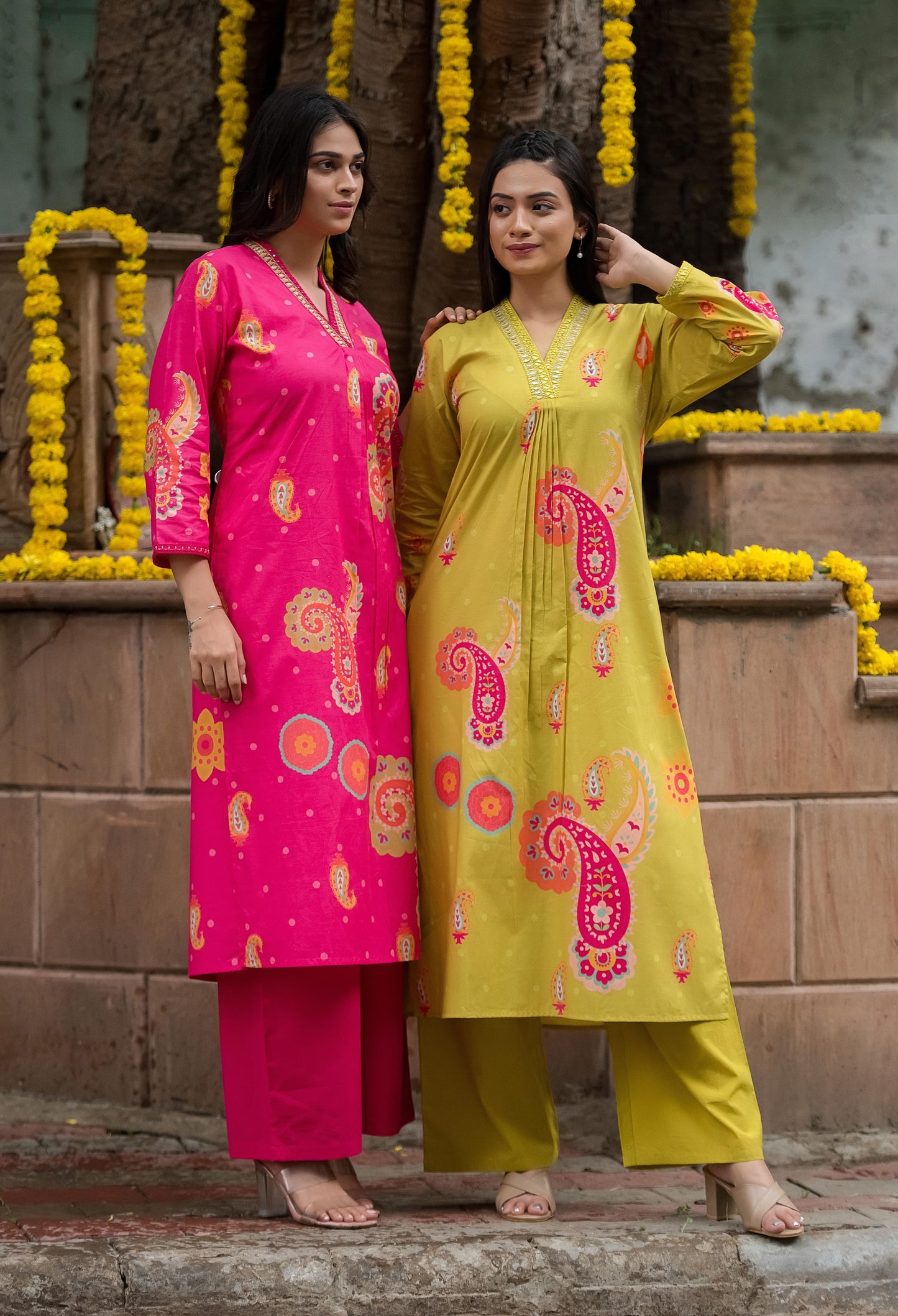 Classy lime yellow cotton print kurta pant