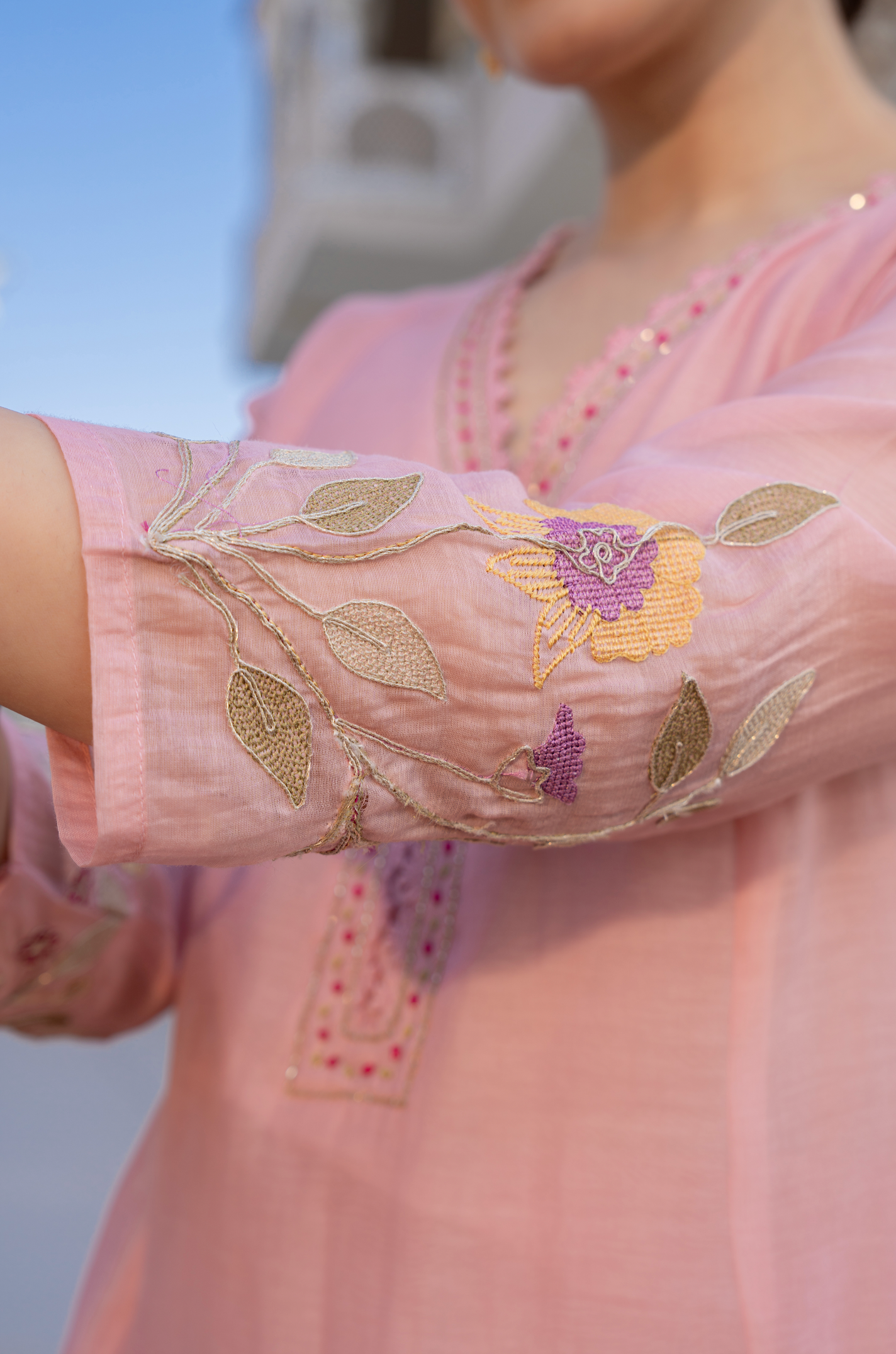 Onion pink Mul Chanderi embroidered Aline Kurti with pants and dupatt