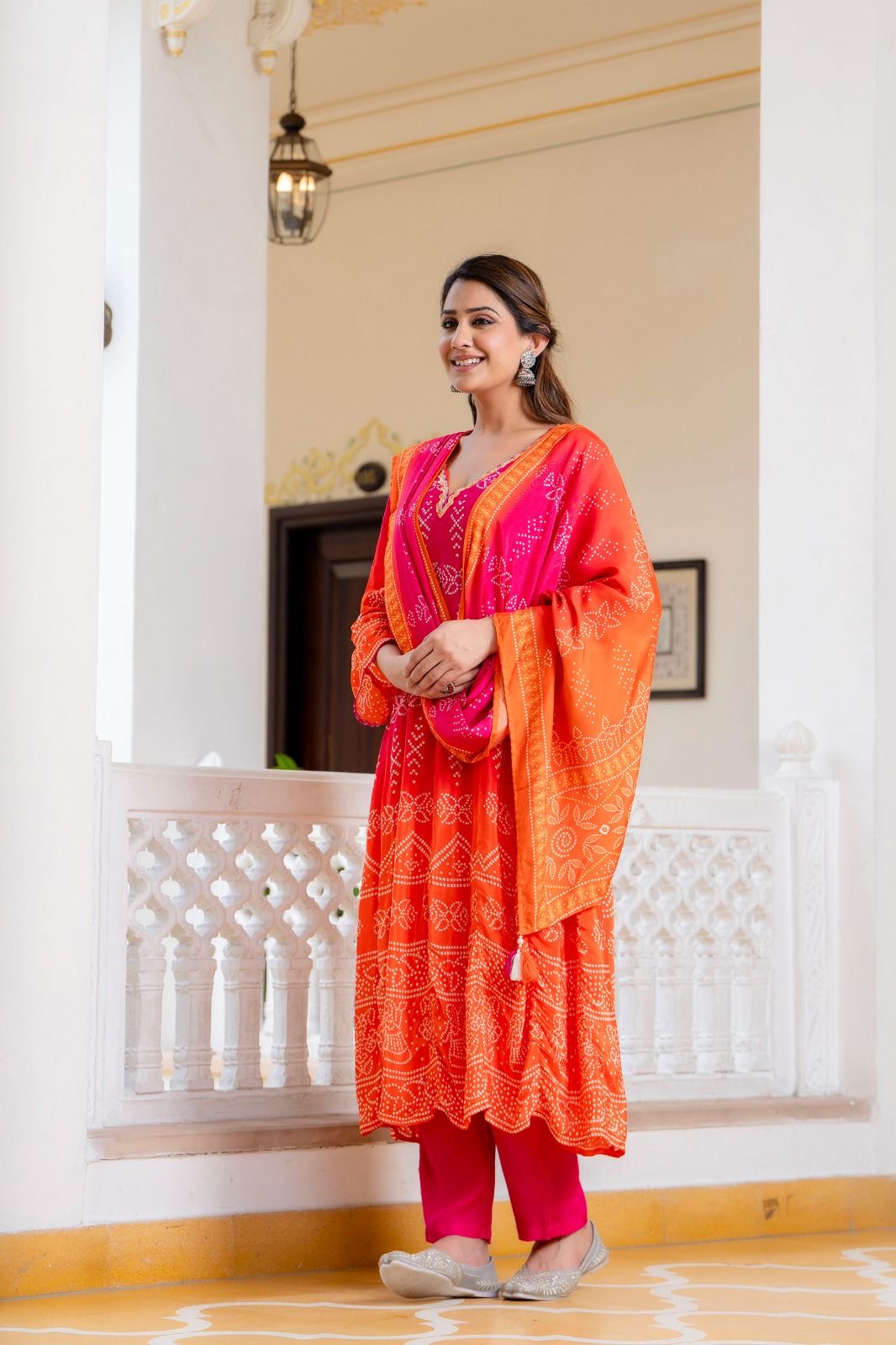 Pink orange Bandhani crepe Aline suit