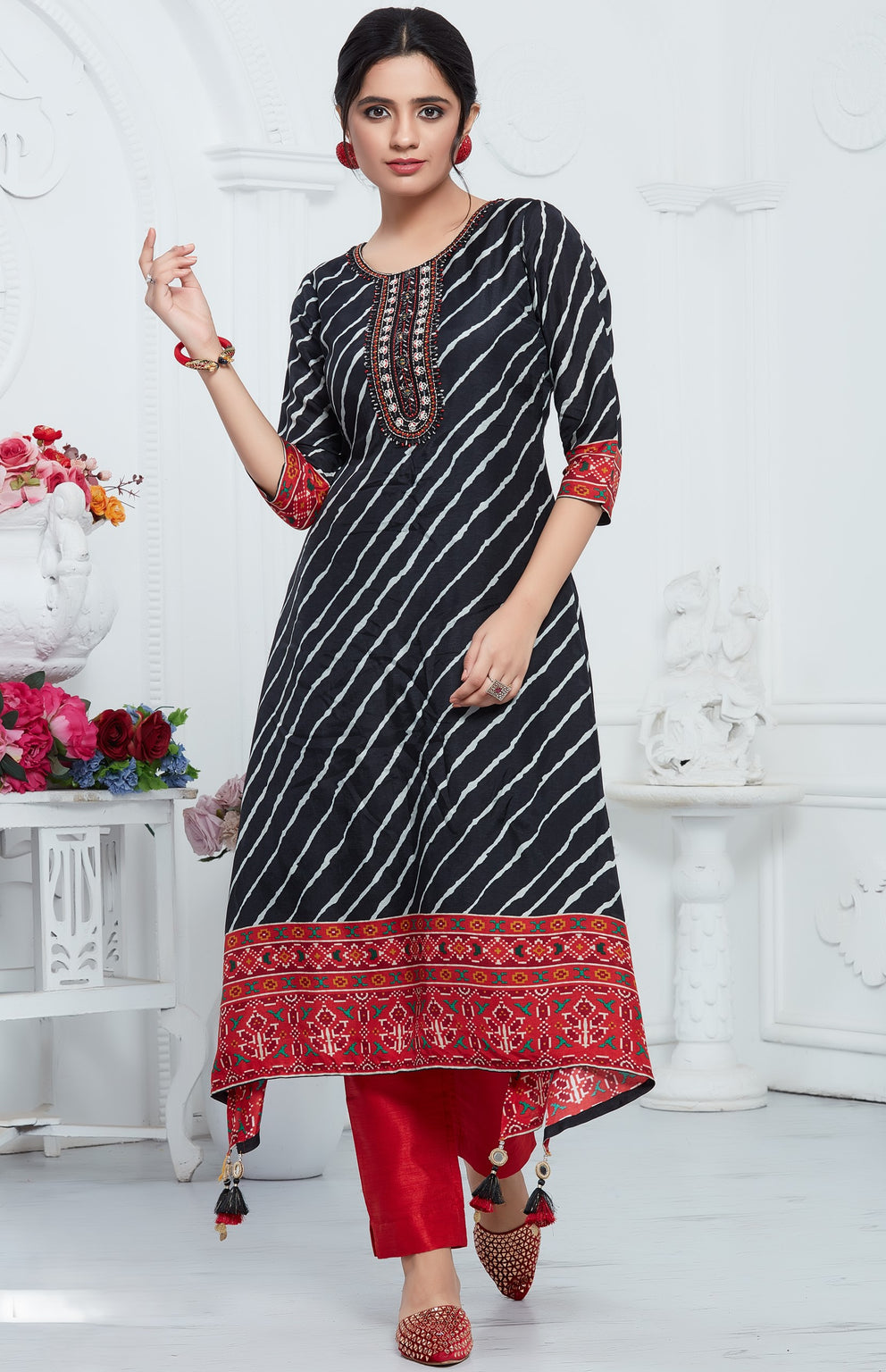 Yellow/Black lehriya silk ethnic kurta pant