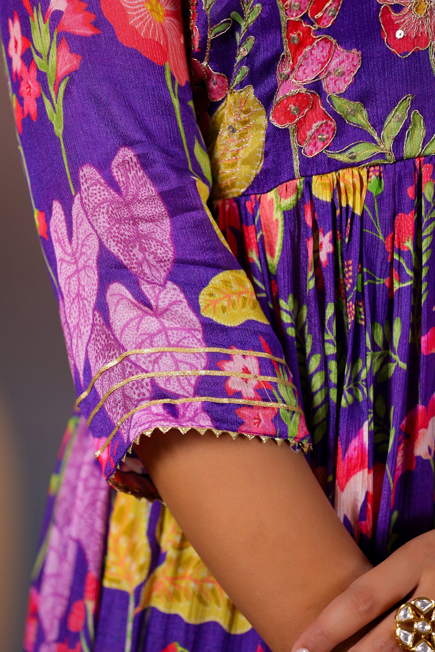 Purple floral chinon kurta pant