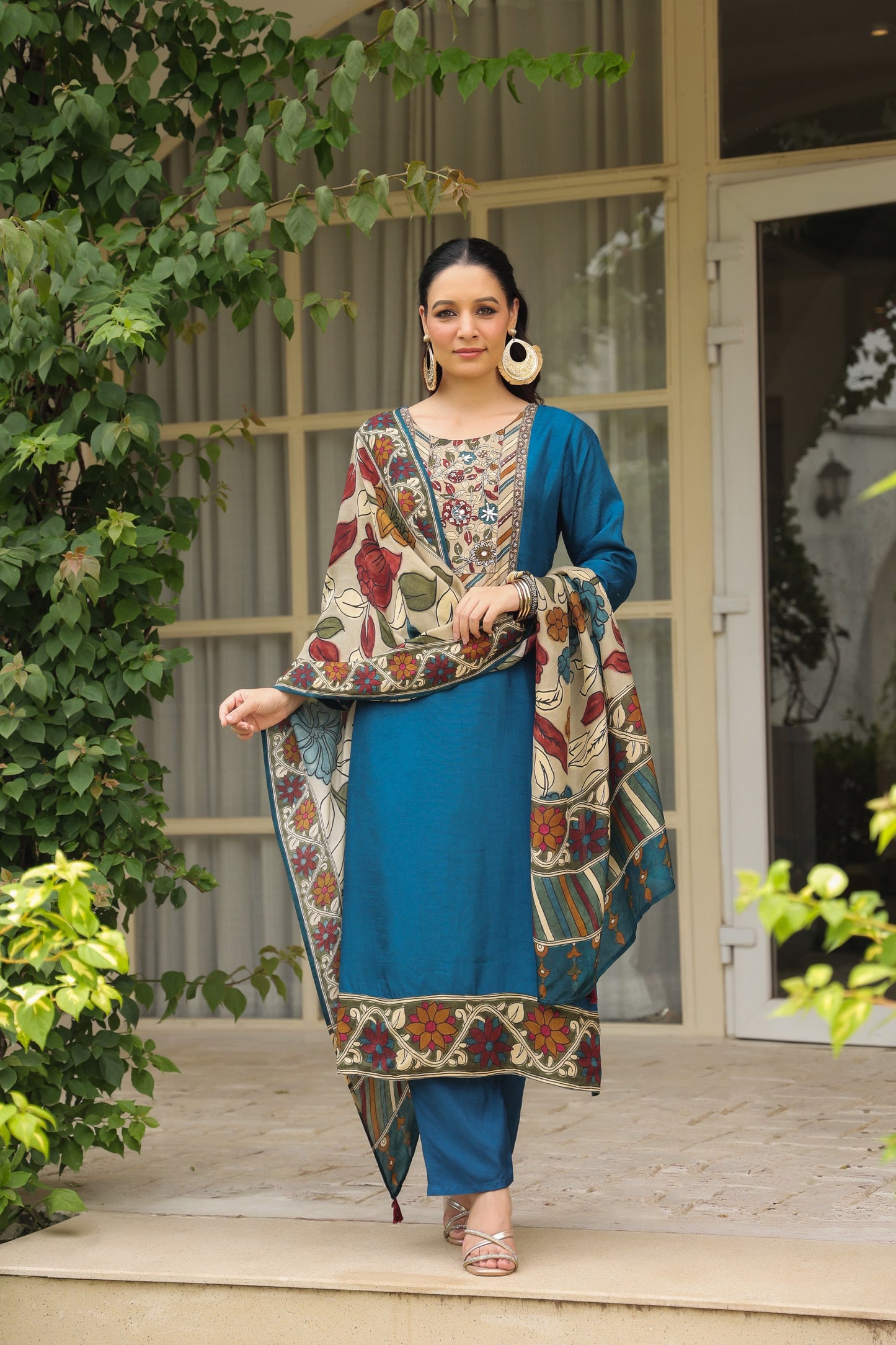 Blue silk Kamkari suit