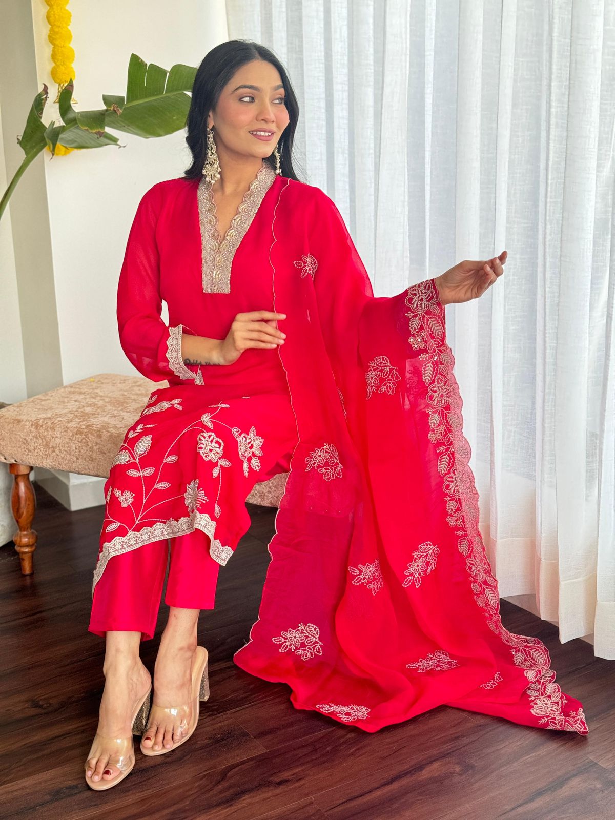 Soft v neck organza embroidery