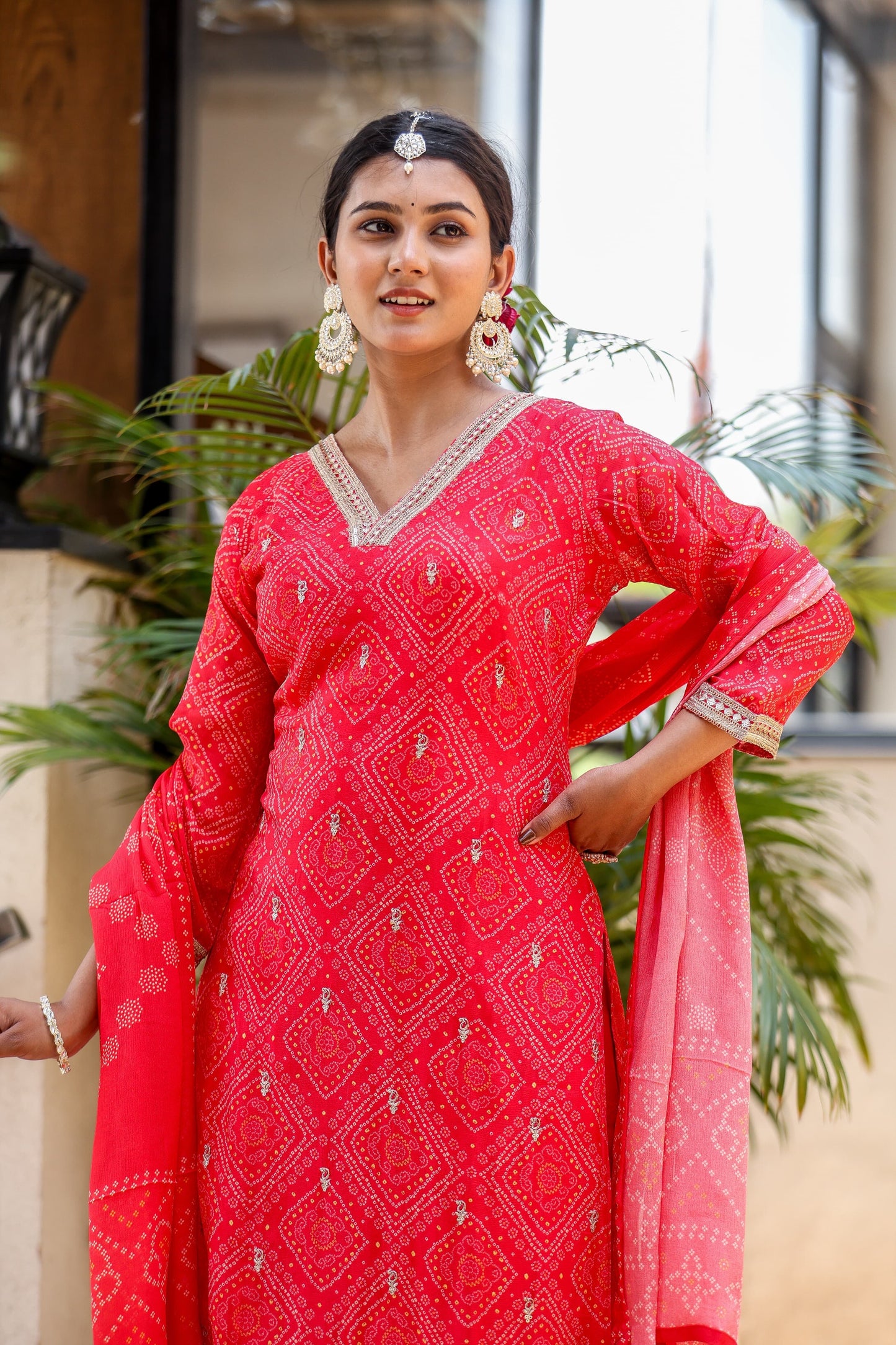 Bandhani red chinon suit
