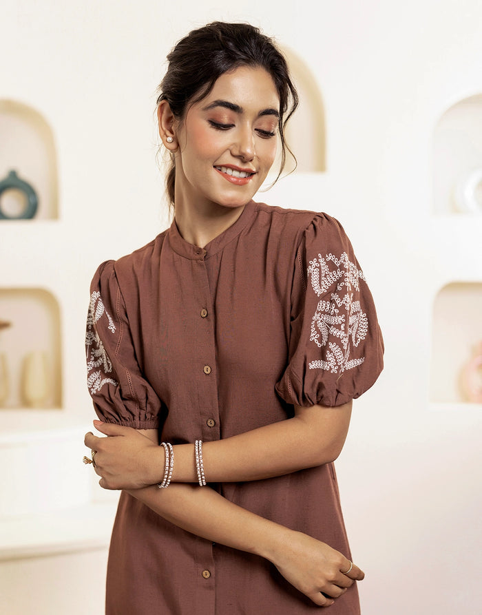 LAMHE EMBROIDERED FRONT OPEN KURTA SET-BROWN