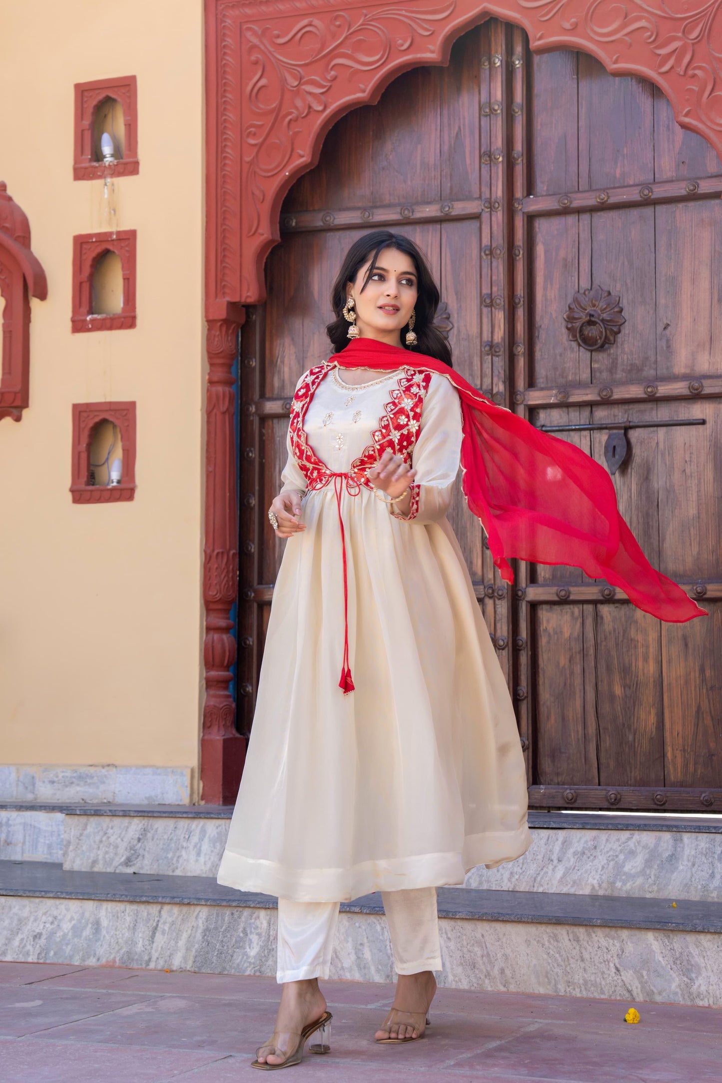 Banaras jacket tissue cream Anarkali
