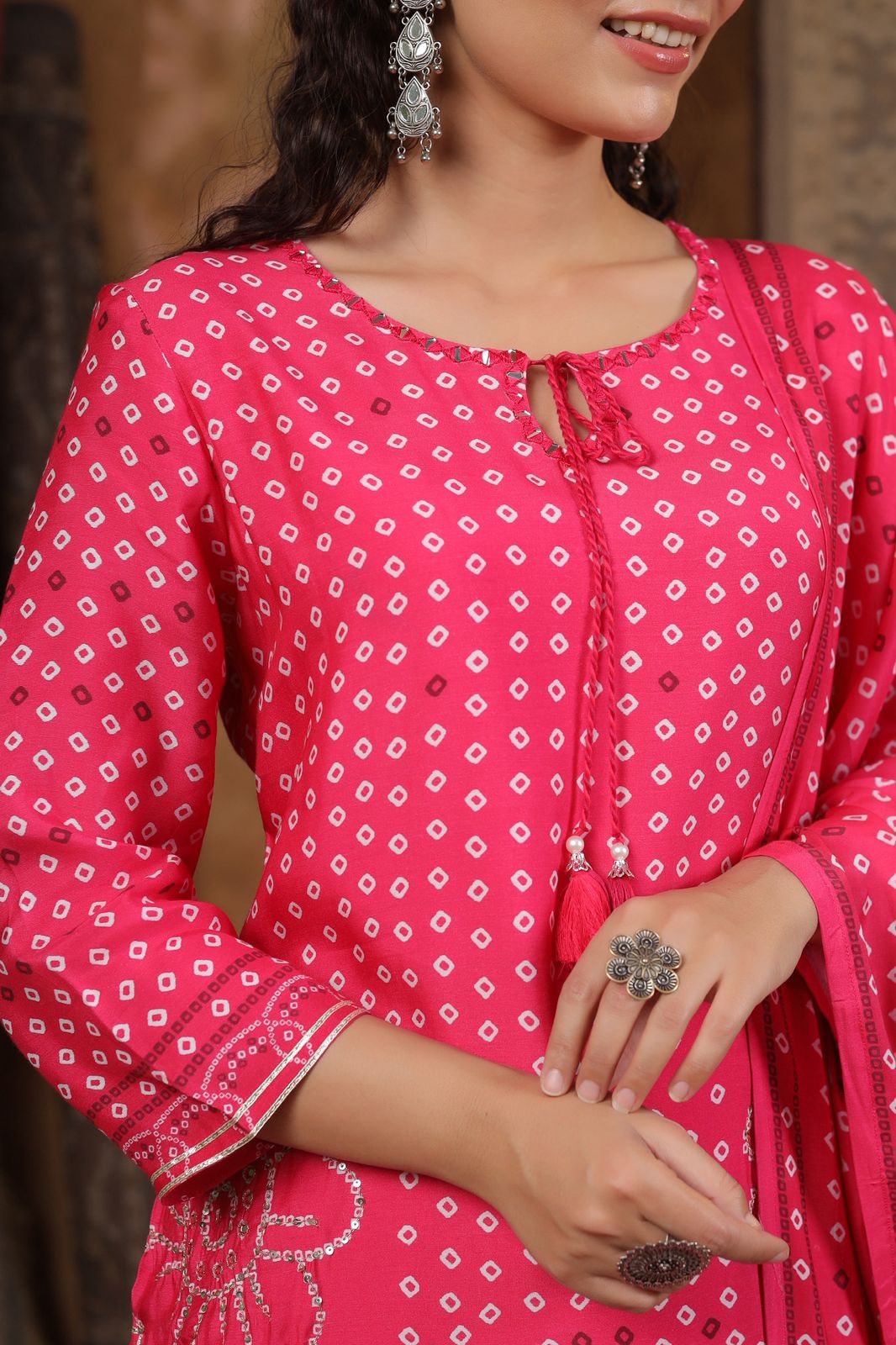 Pink Bandhani muslin silk suit