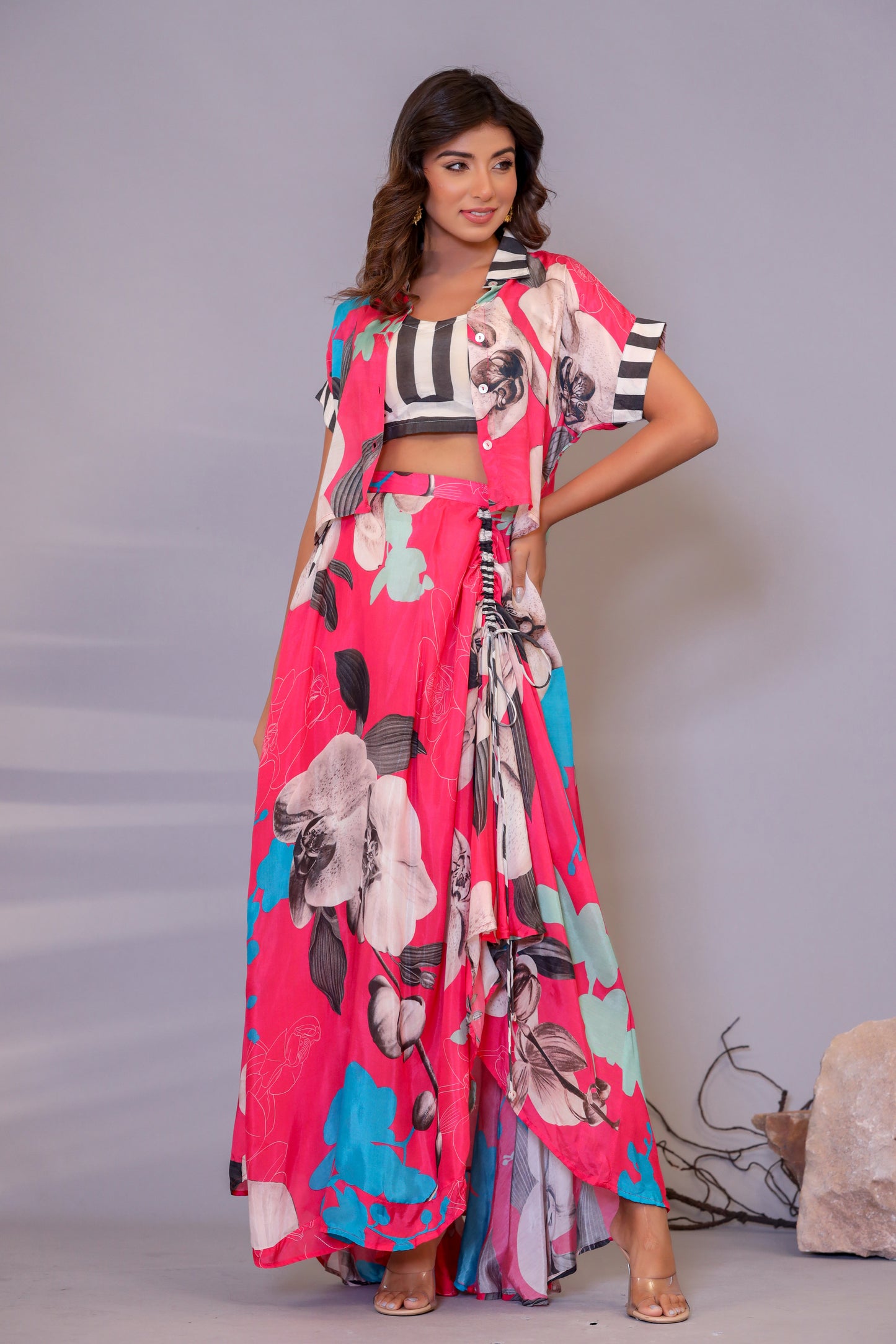 Pink floral stylish skirt blouse jacket