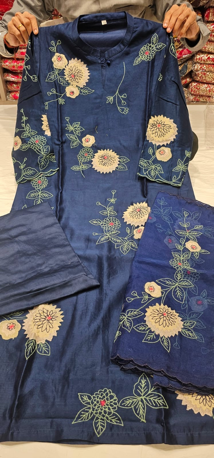 Appliqué embroidery mul chandari silk suit