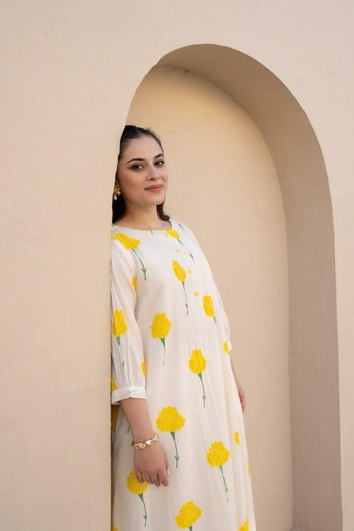 White with yellow flower cotton kurta pant