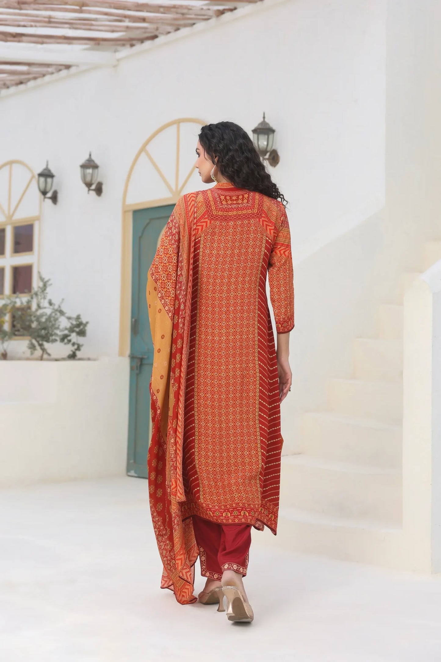 Traditional Print Straight Kurti With Pant And Printed Dupatta