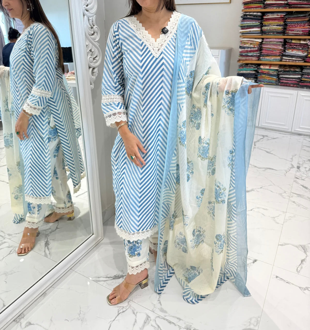 Phool blue Leheriya cotton Set
