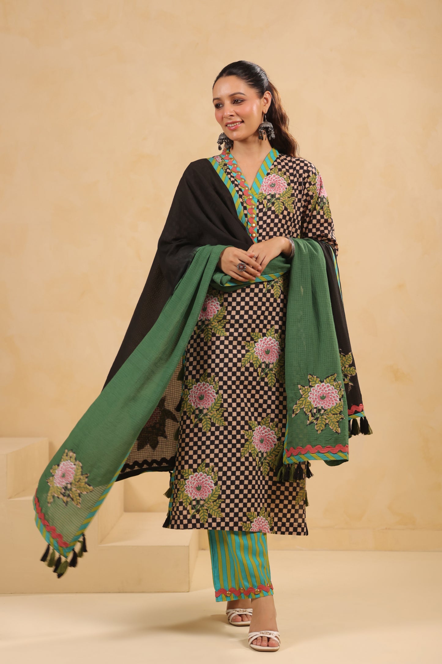 Black Gomertical cotton premium suit with beautiful detailing & kota doria dupatta