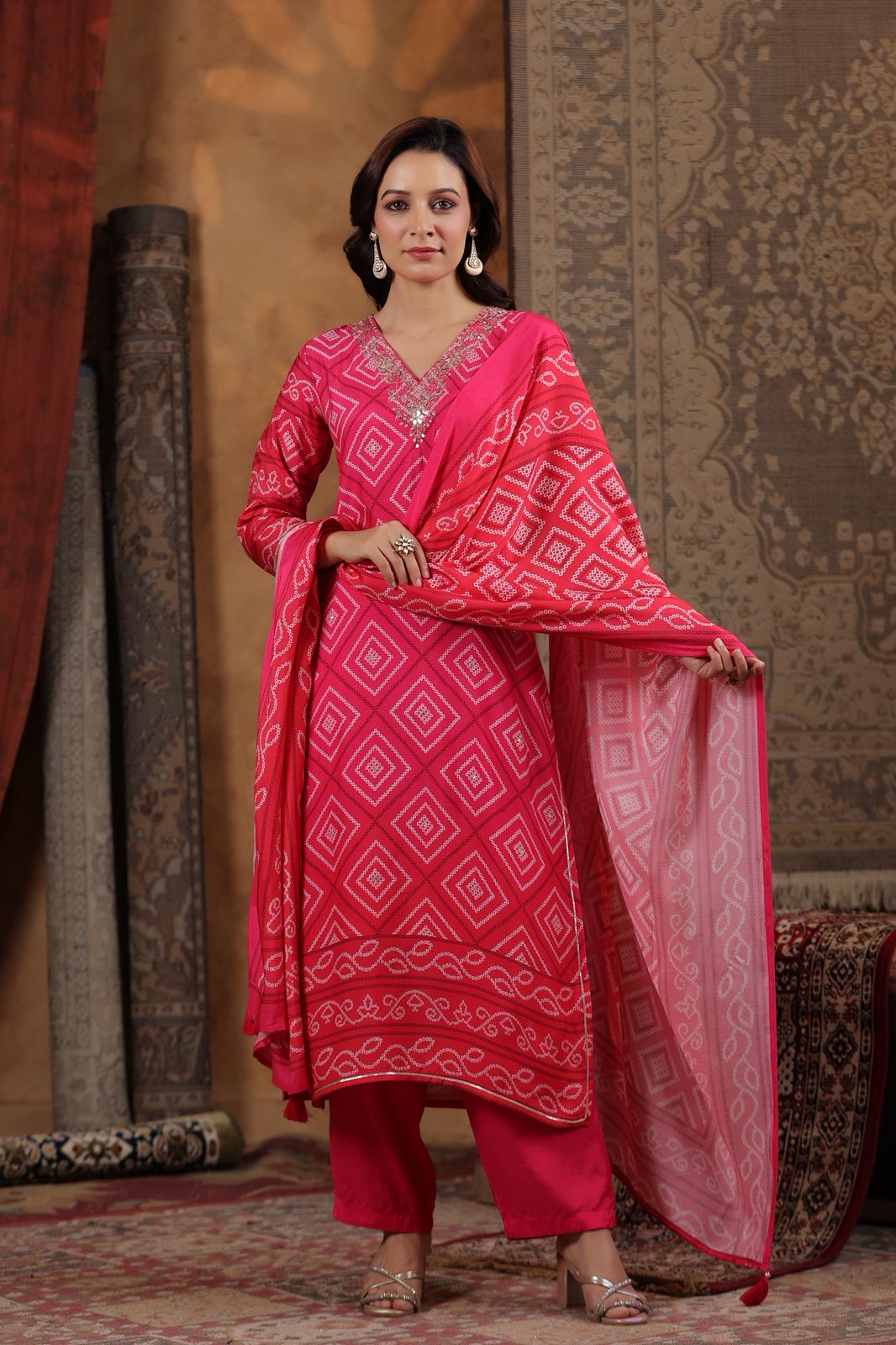 Red pink Bandhani muslin silk suit