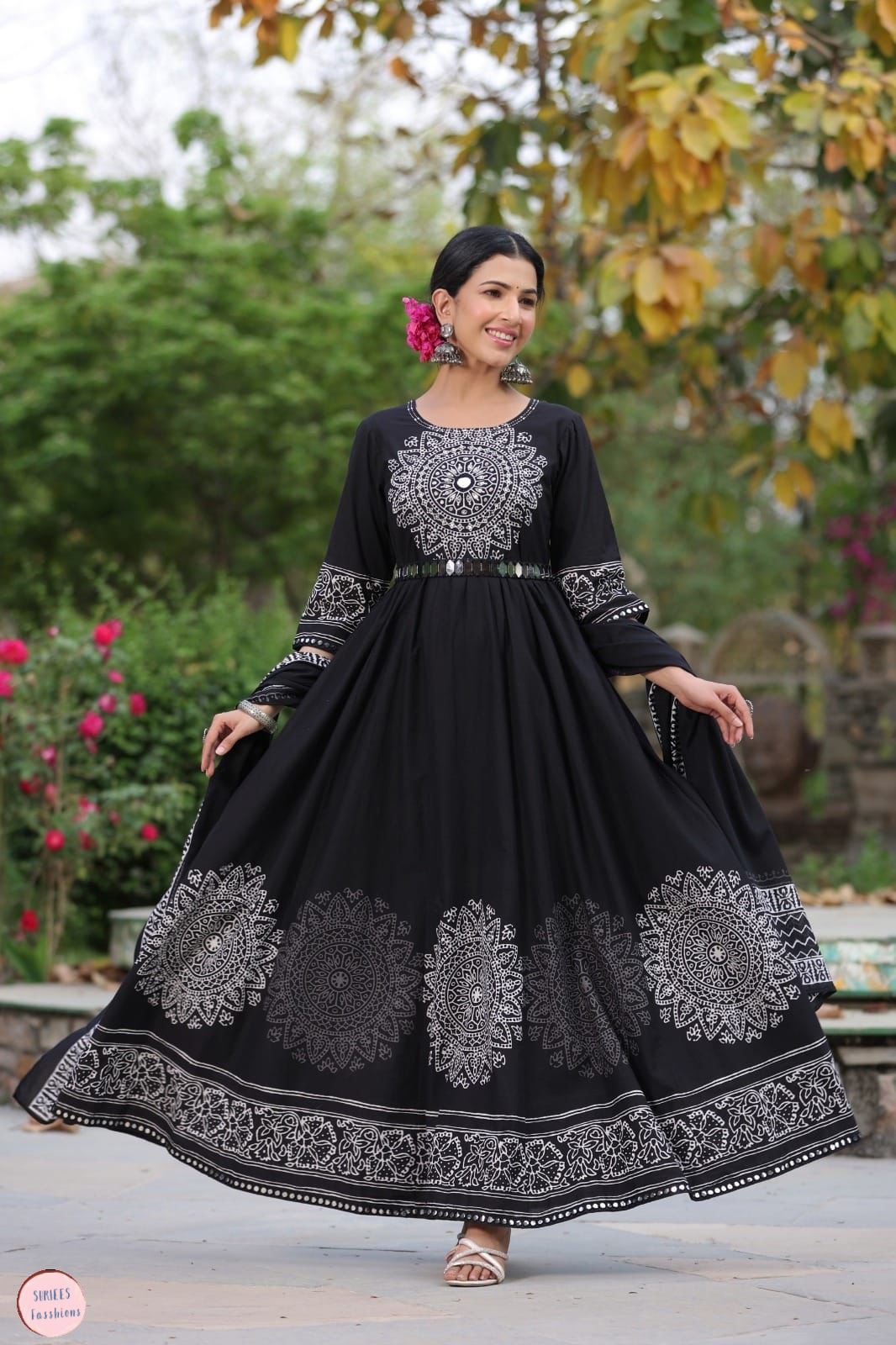 Black Kutch gown with real mirror belt