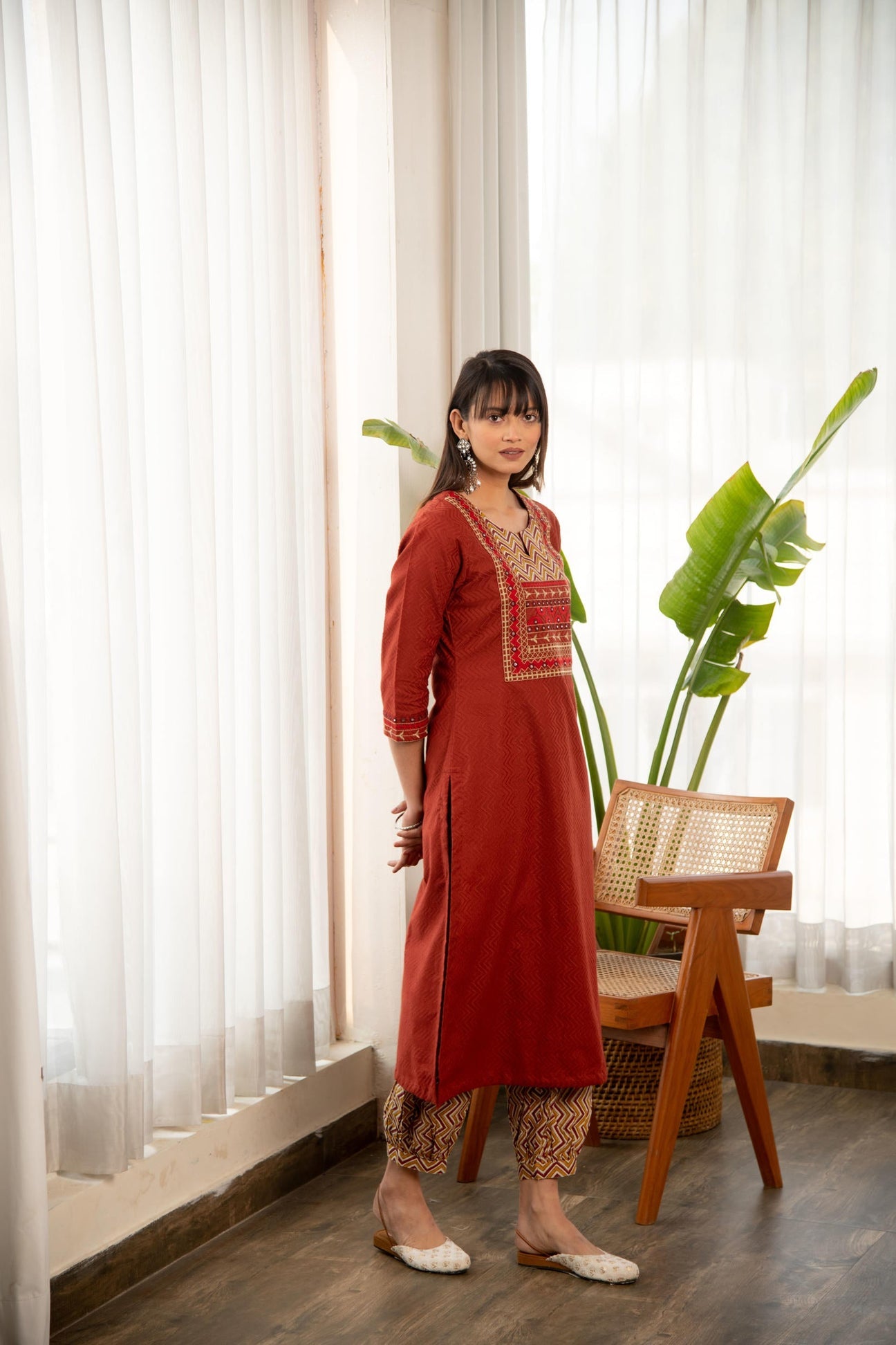 Rust Dobby Straight Kurta with Afghani bottom