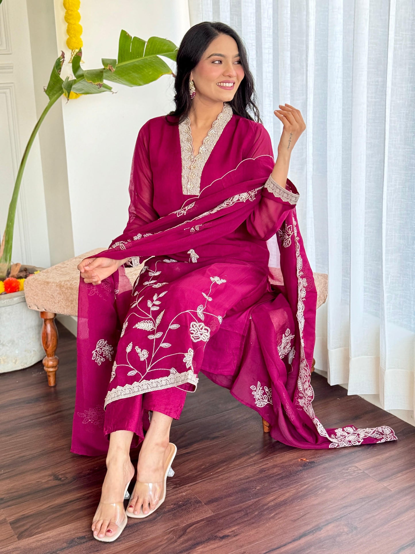 Soft v neck organza embroidery
