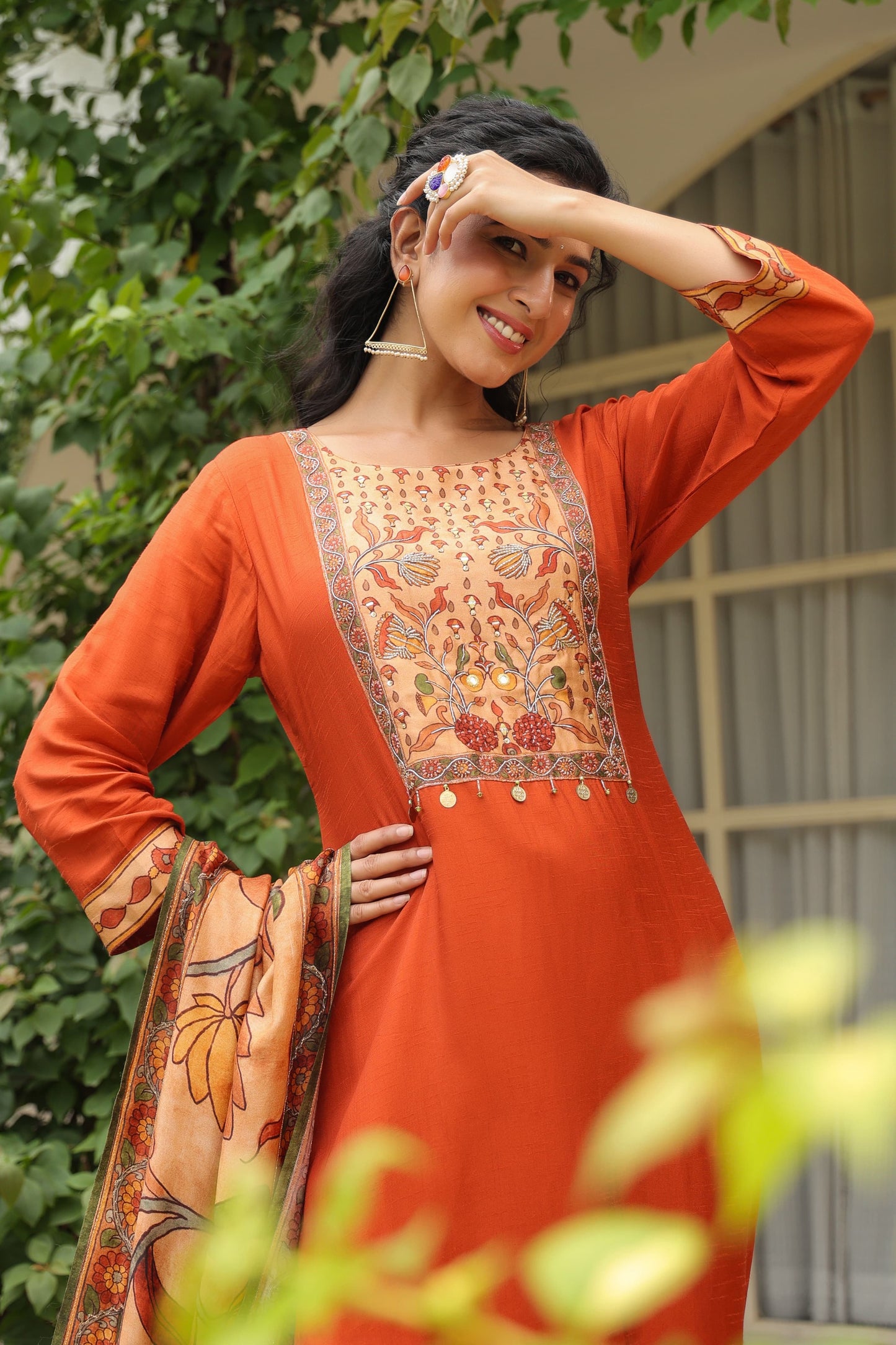 Orange silk Kamkari suit