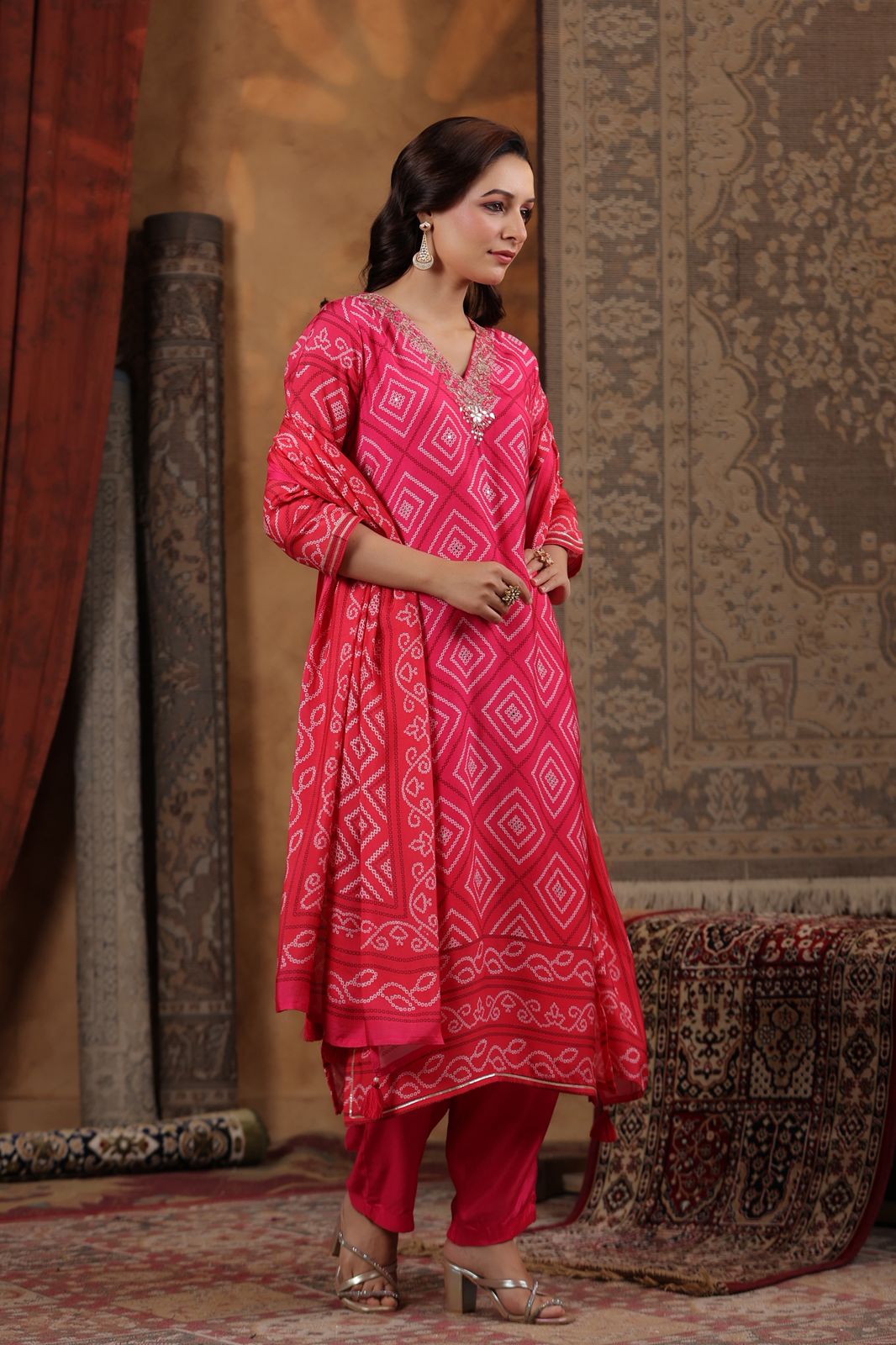 Red pink Bandhani muslin silk suit